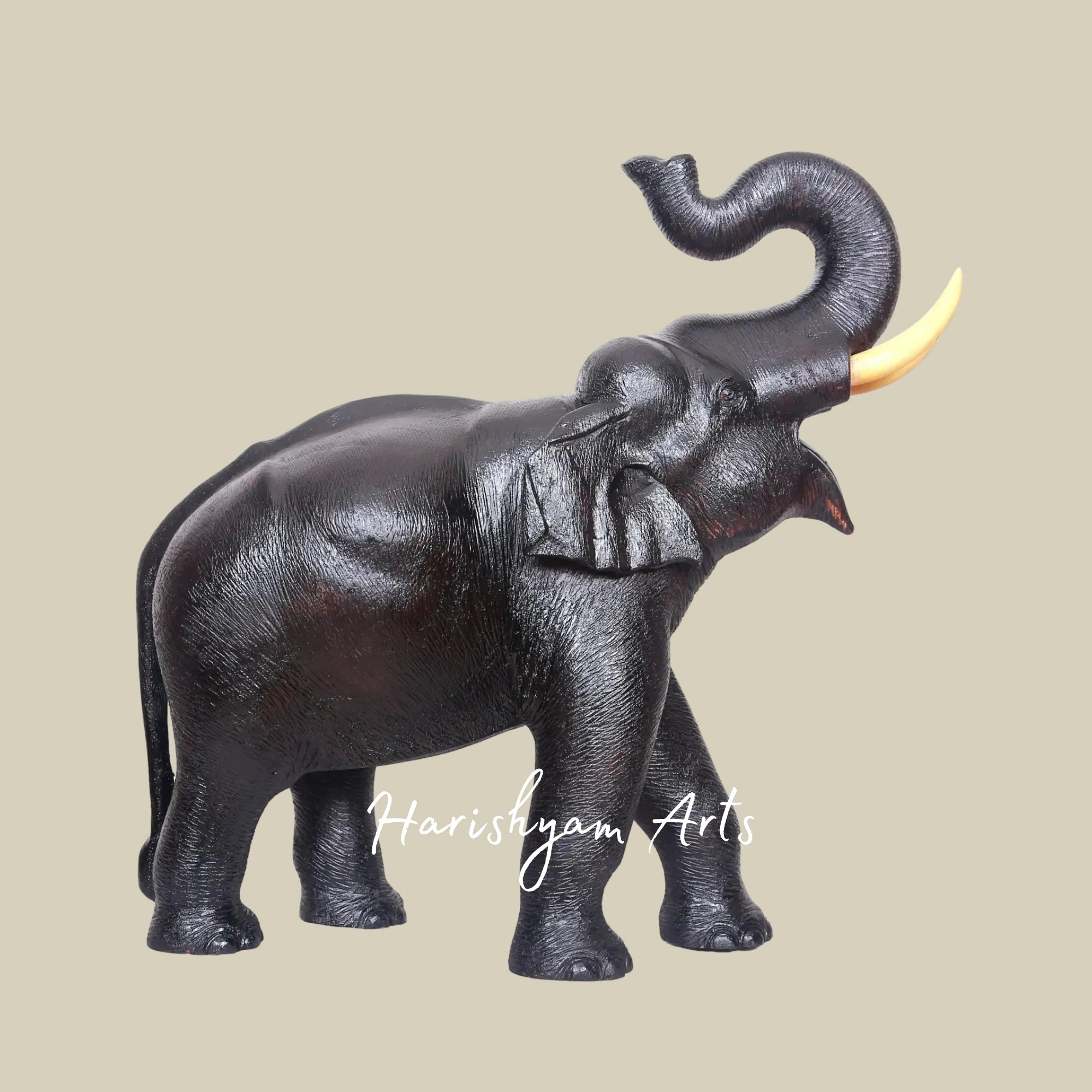 25" Wooden Elephant Figurine with Raised Trunk – Artisan Craft Decor