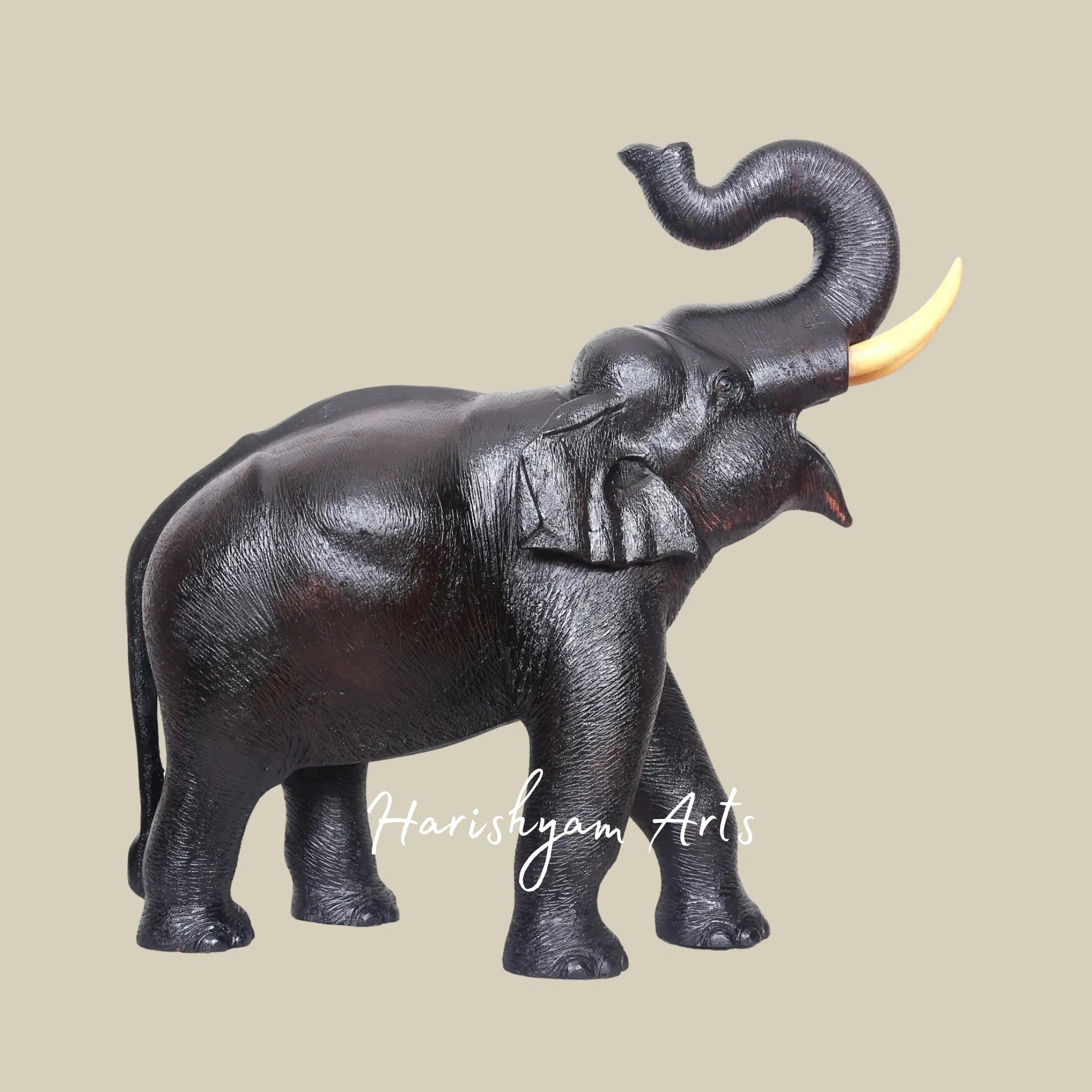 25" Wooden Elephant Figurine with Raised Trunk – Artisan Craft Decor