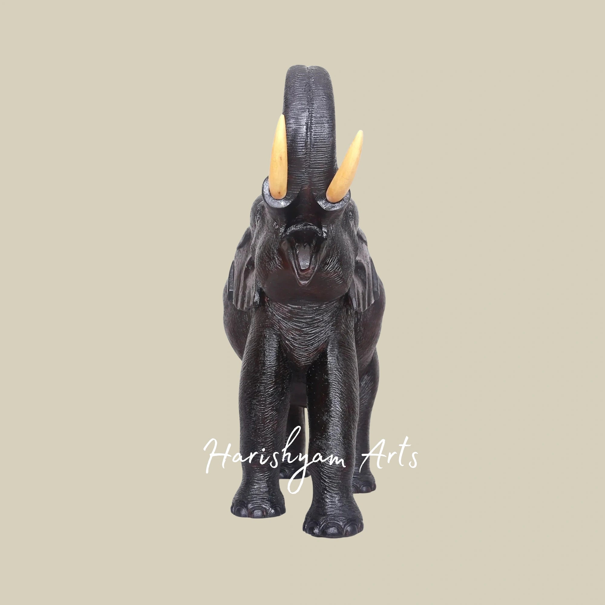 25" Wooden Elephant Figurine with Raised Trunk – Artisan Craft Decor
