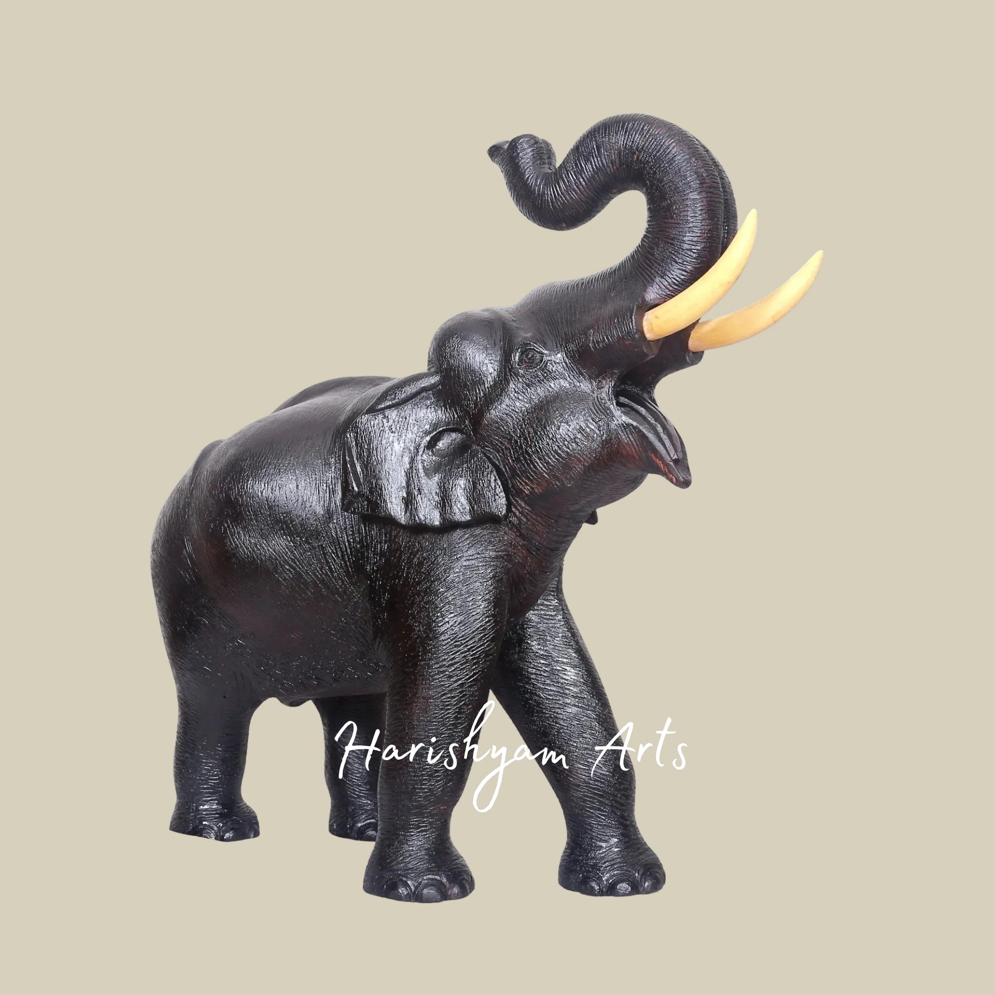 25" Wooden Elephant Figurine with Raised Trunk – Artisan Craft Decor