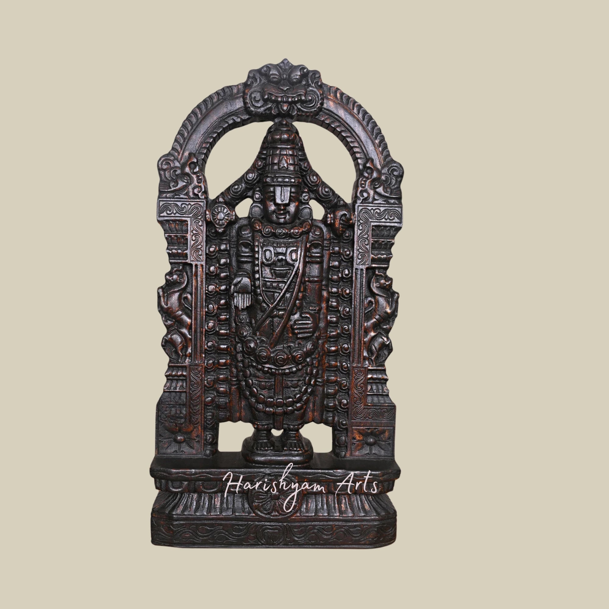 25" Standing Lord Tirupati Balaji Wooden Idol with Decorative Prabhavali