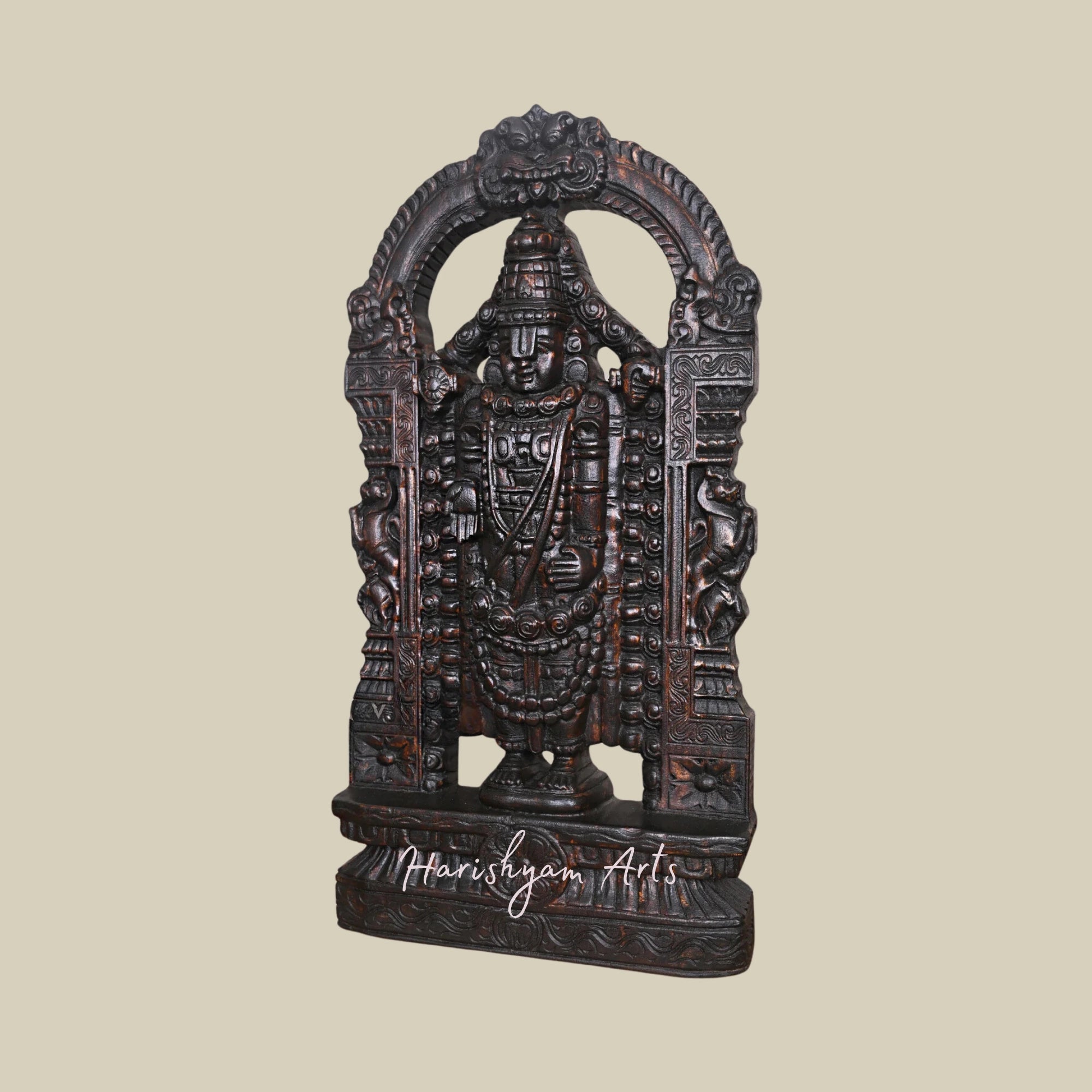 25" Standing Lord Tirupati Balaji Wooden Idol with Decorative Prabhavali1