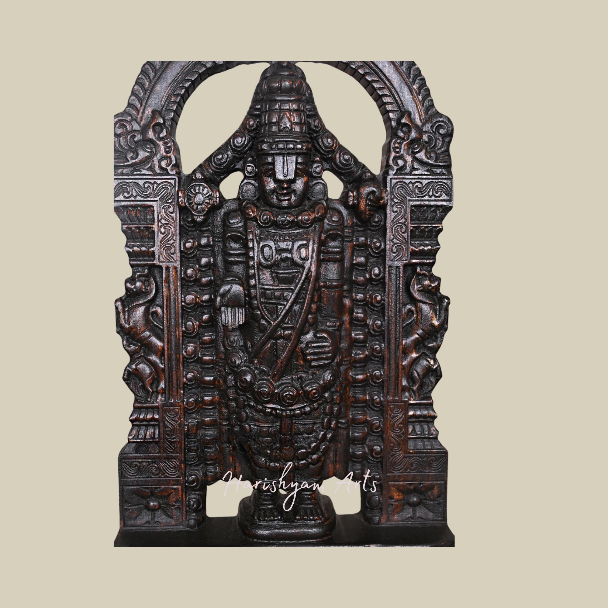 25" Standing Lord Tirupati Balaji Wooden Idol with Decorative Prabhavali2