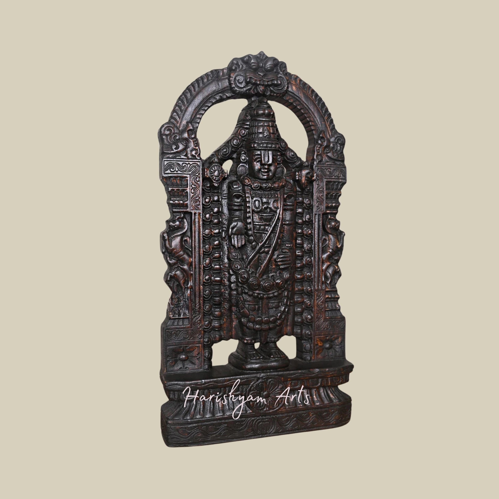 25" Standing Lord Tirupati Balaji Wooden Idol with Decorative Prabhavali3