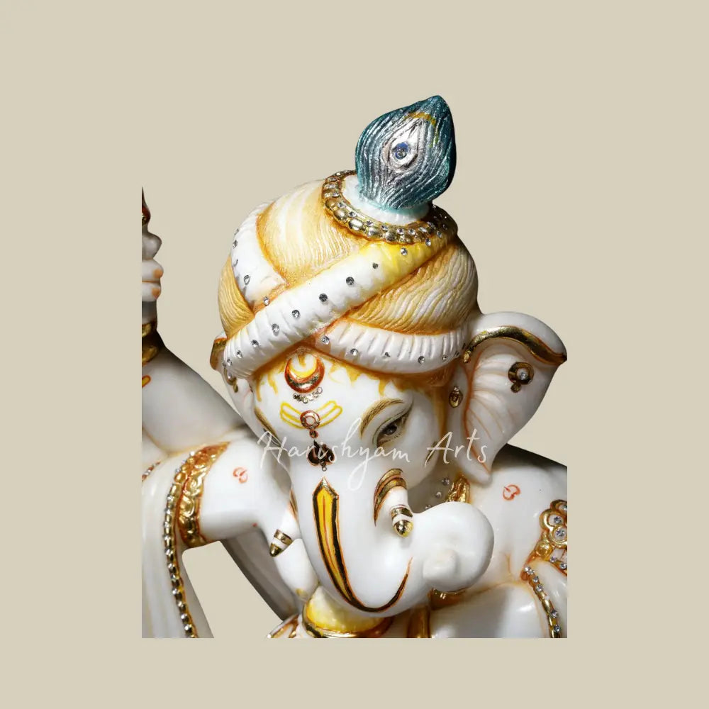 25" Six Armed Dancing Lord Ganesha with Mushak White Marble Statue