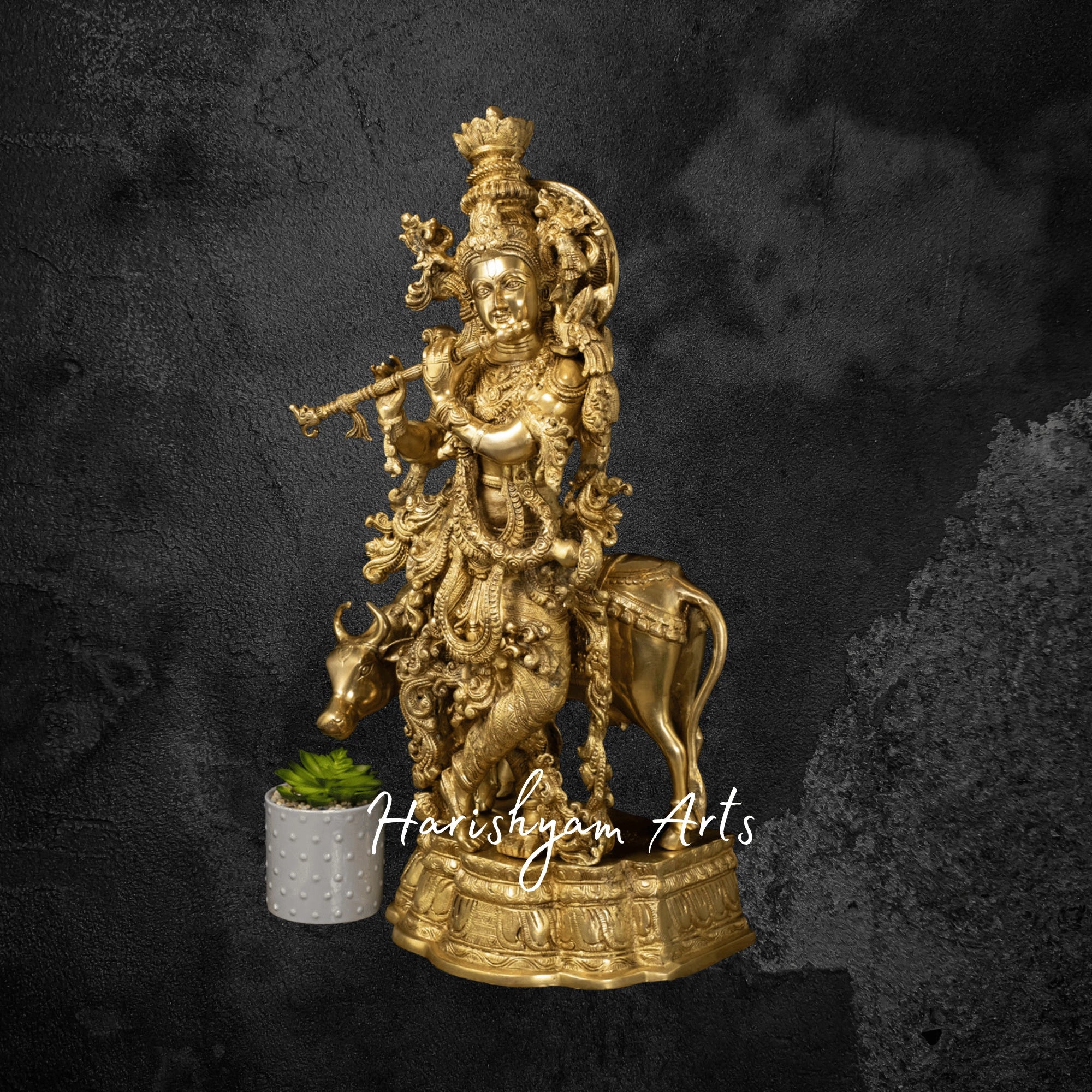 26" Brass Krishna Muralidhara with Flute and Cow Temple Idol