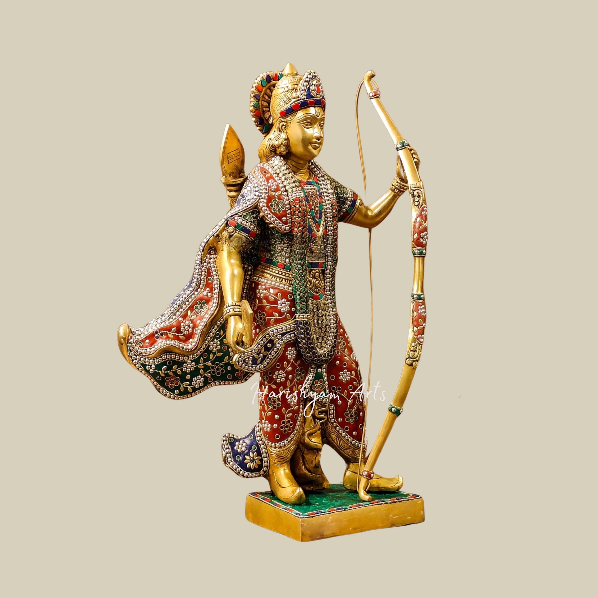 26" Brass Ram Lalla Statue Adorned with Stone Inlay Work
