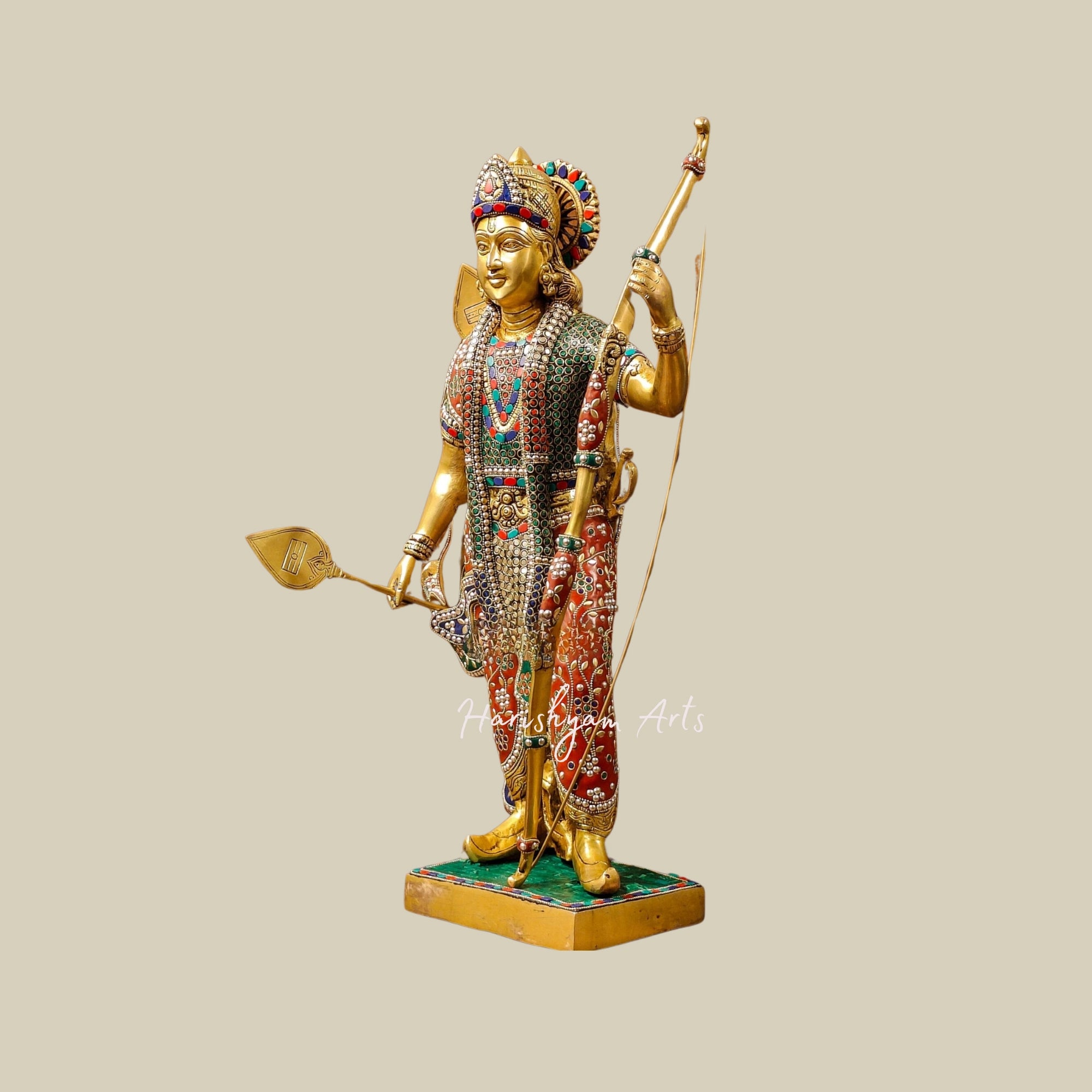 26" Brass Ram Lalla Statue Adorned with Stone Inlay Work1