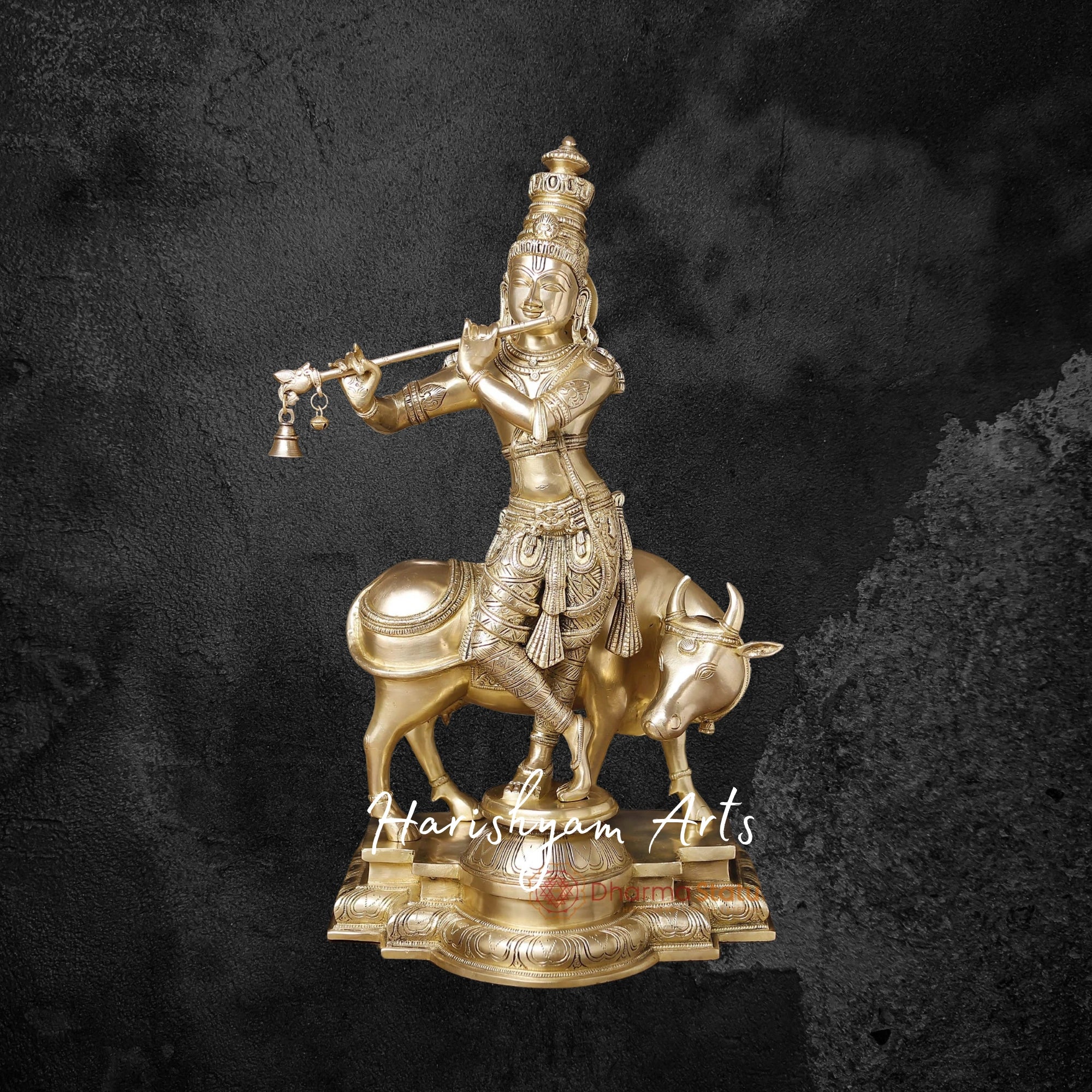26" Divine Brass Krishna Statue with Sacred Cow, Gold-Toned Finish
