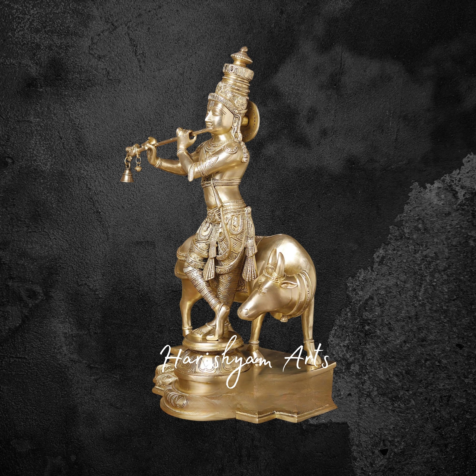 26" Divine Brass Krishna Statue with Sacred Cow, Gold-Toned Finish