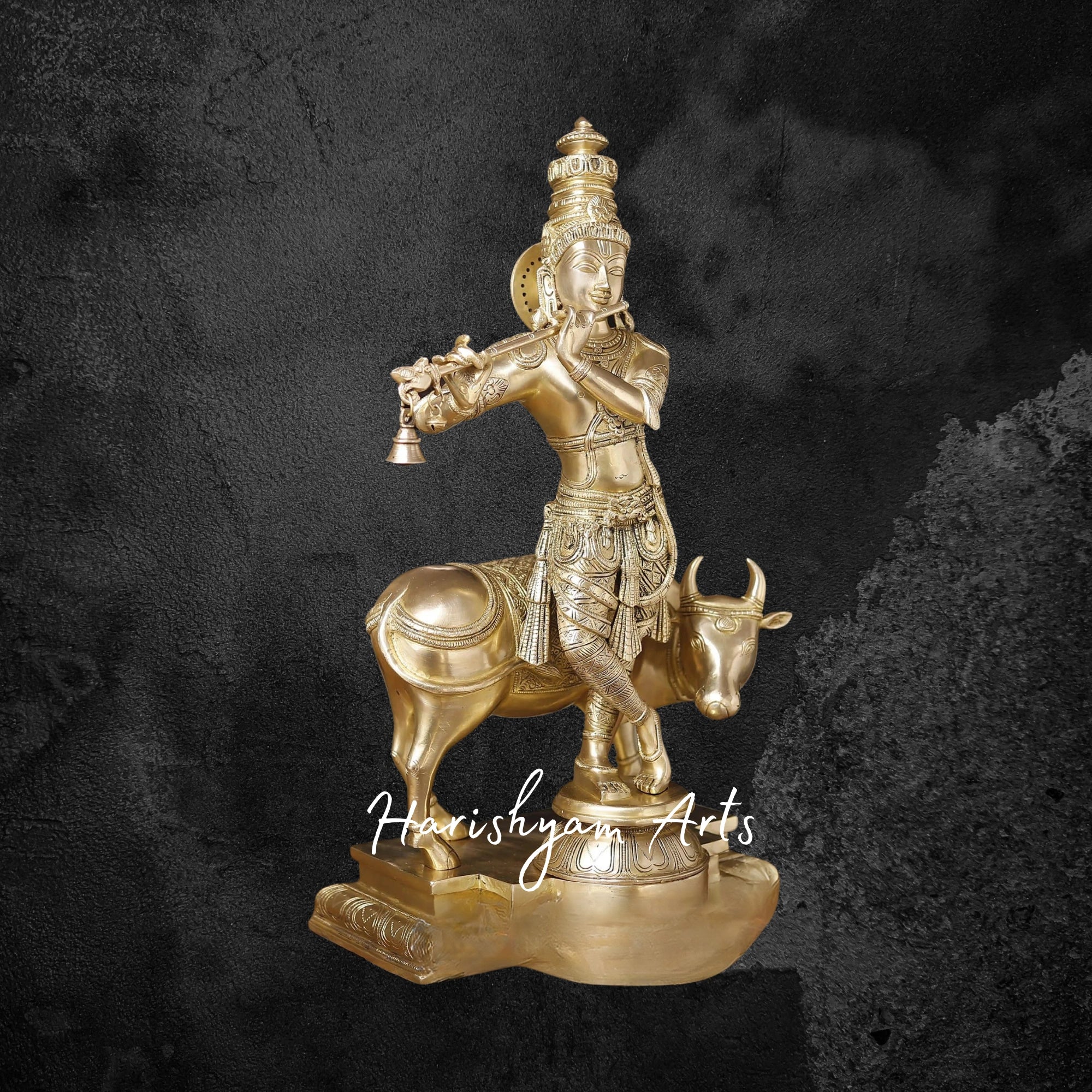 26" Divine Brass Krishna Statue with Sacred Cow, Gold-Toned Finish