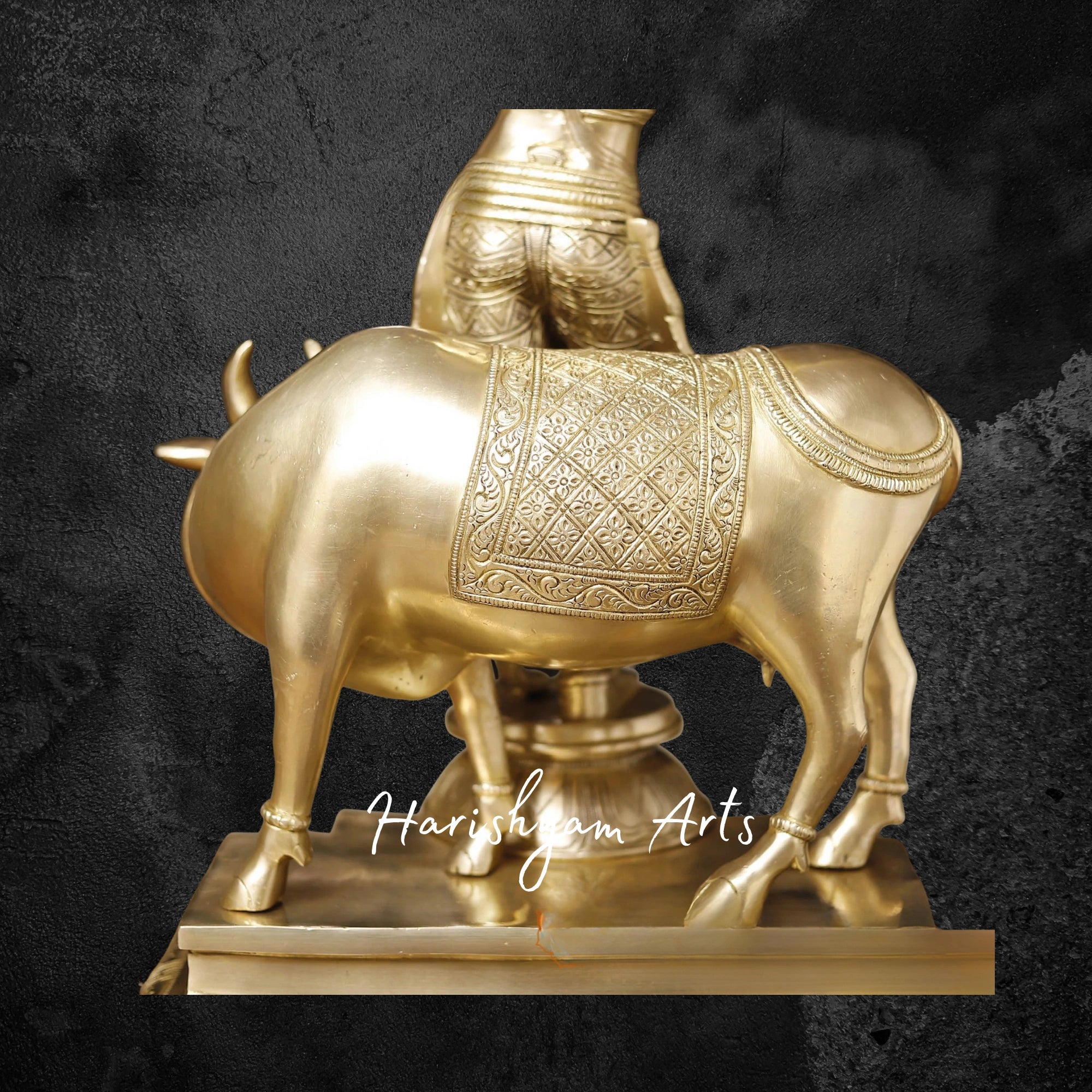 26" Divine Brass Krishna Statue with Sacred Cow, Gold-Toned Finish