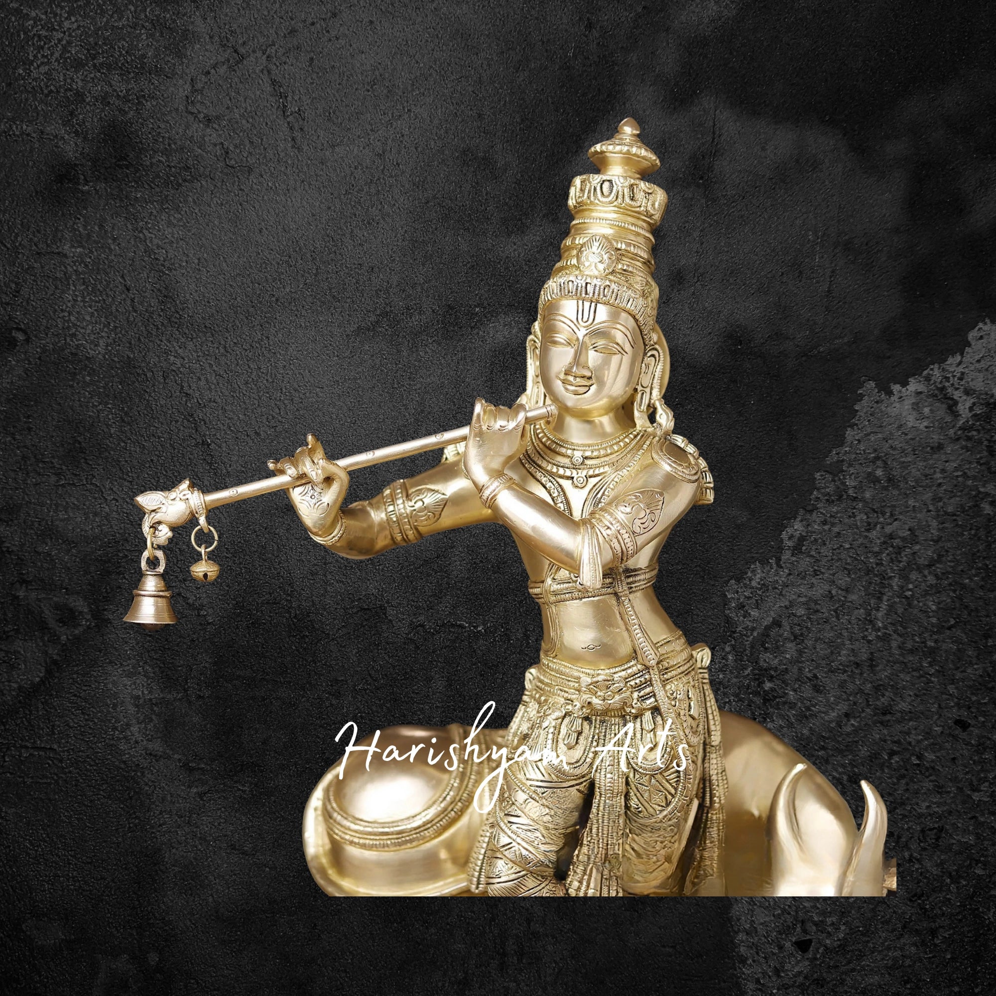 26" Divine Brass Krishna Statue with Sacred Cow, Gold-Toned Finish