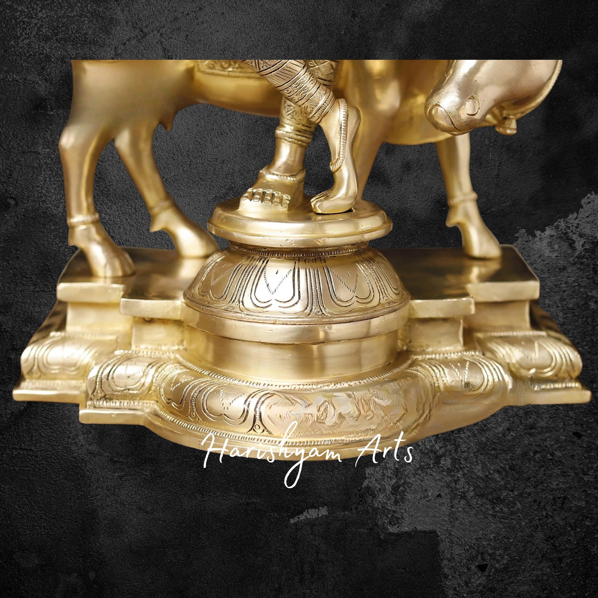 26" Divine Brass Krishna Statue with Sacred Cow, Gold-Toned Finish