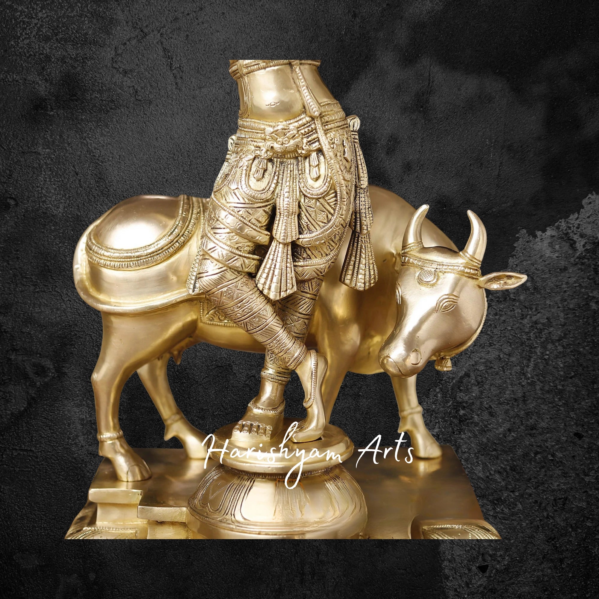 26" Divine Brass Krishna Statue with Sacred Cow, Gold-Toned Finish