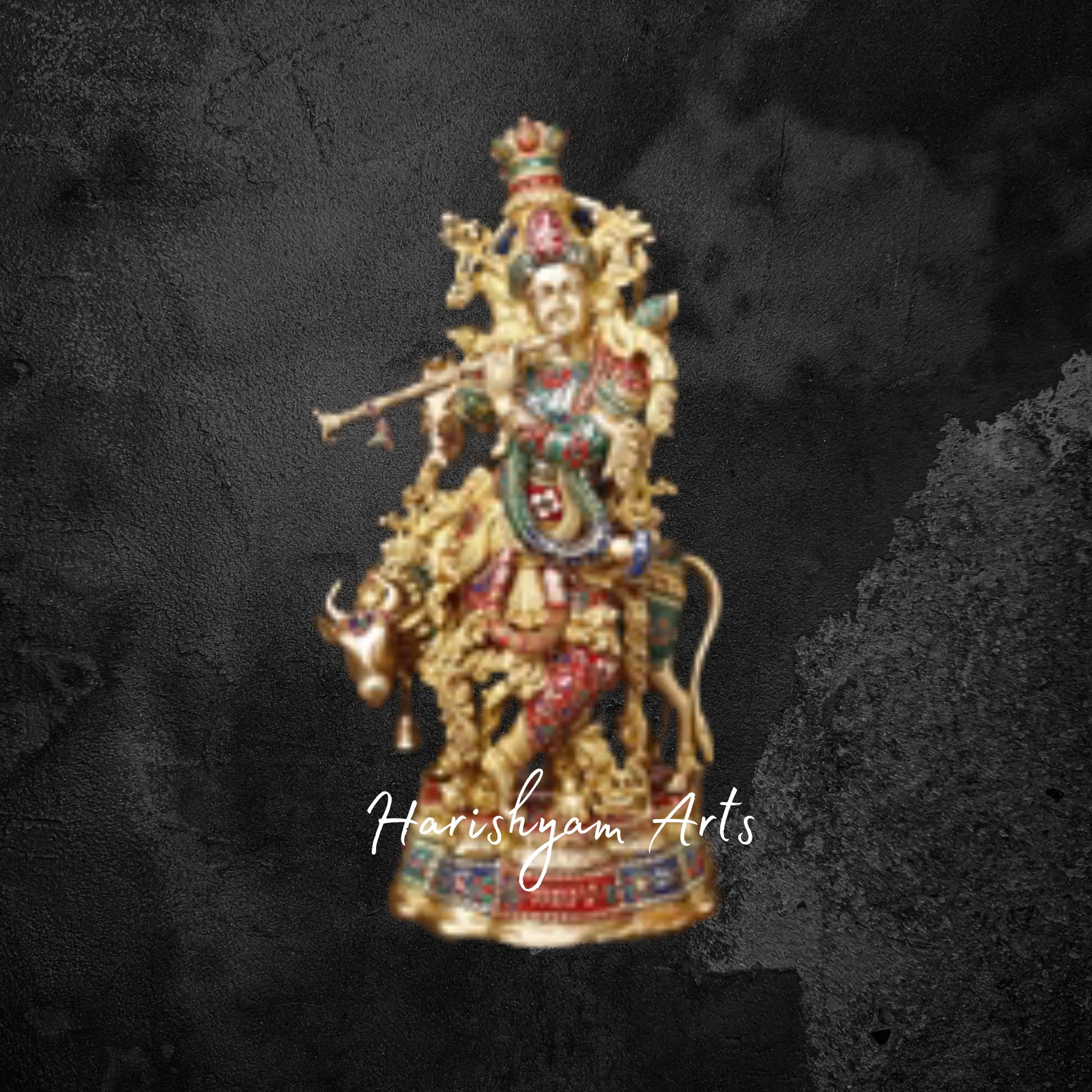 26" Golden Brass Krishna Idol with Cow Playing the Flute with Stone Accents