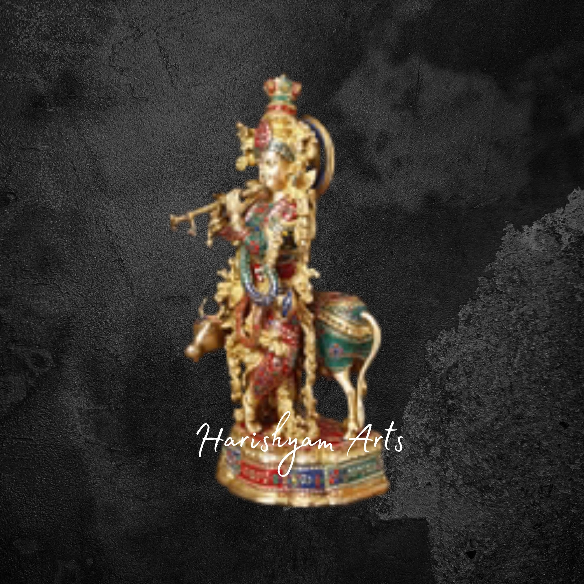 26" Golden Brass Krishna Idol with Cow Playing the Flute with Stone Accents