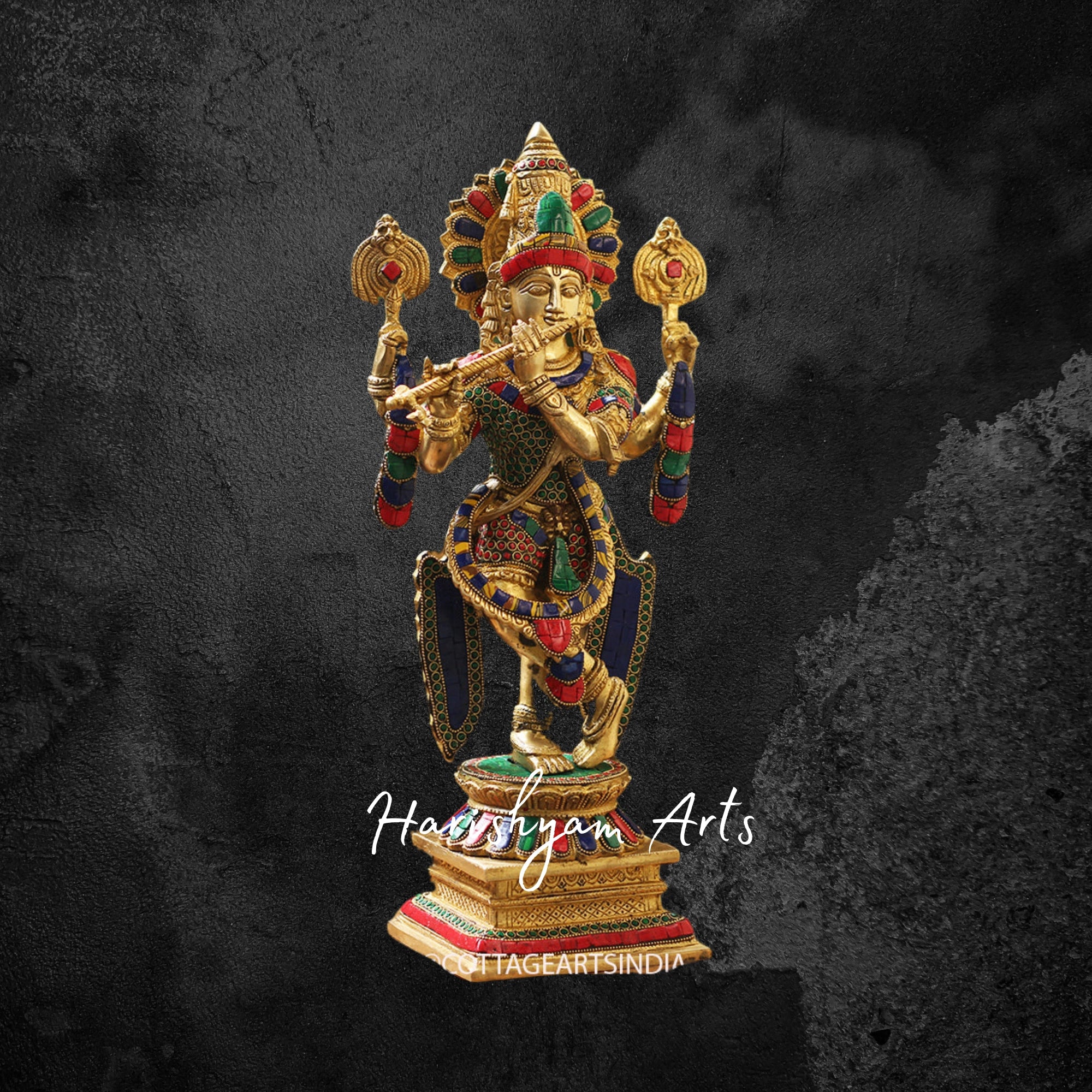 26" Golden Brass Krishna Idol with Cow Playing the Flute with Stone Accents