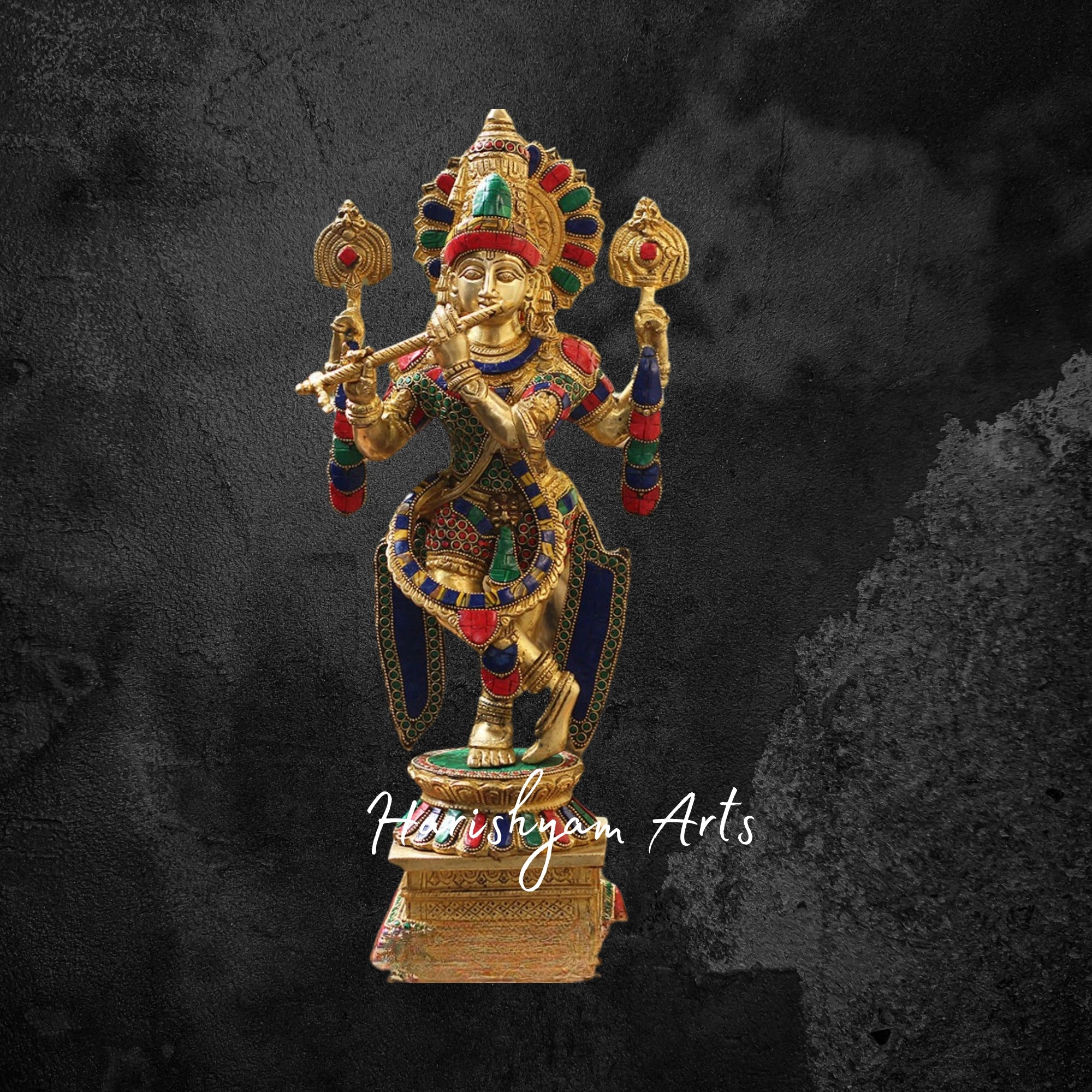 26" Golden Brass Krishna Idol with Cow Playing the Flute with Stone Accents