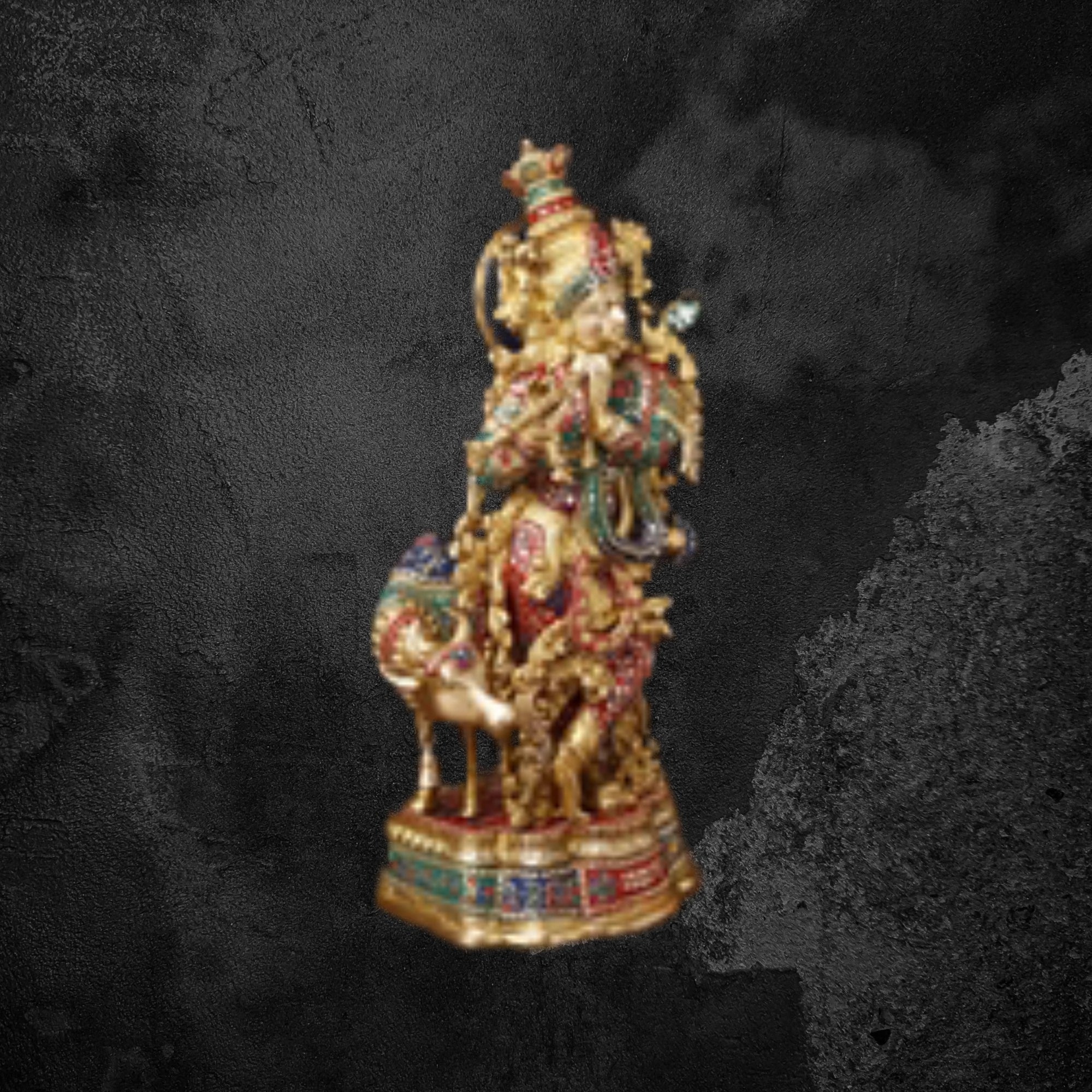 26" Golden Brass Krishna Idol with Cow Playing the Flute with Stone Accents