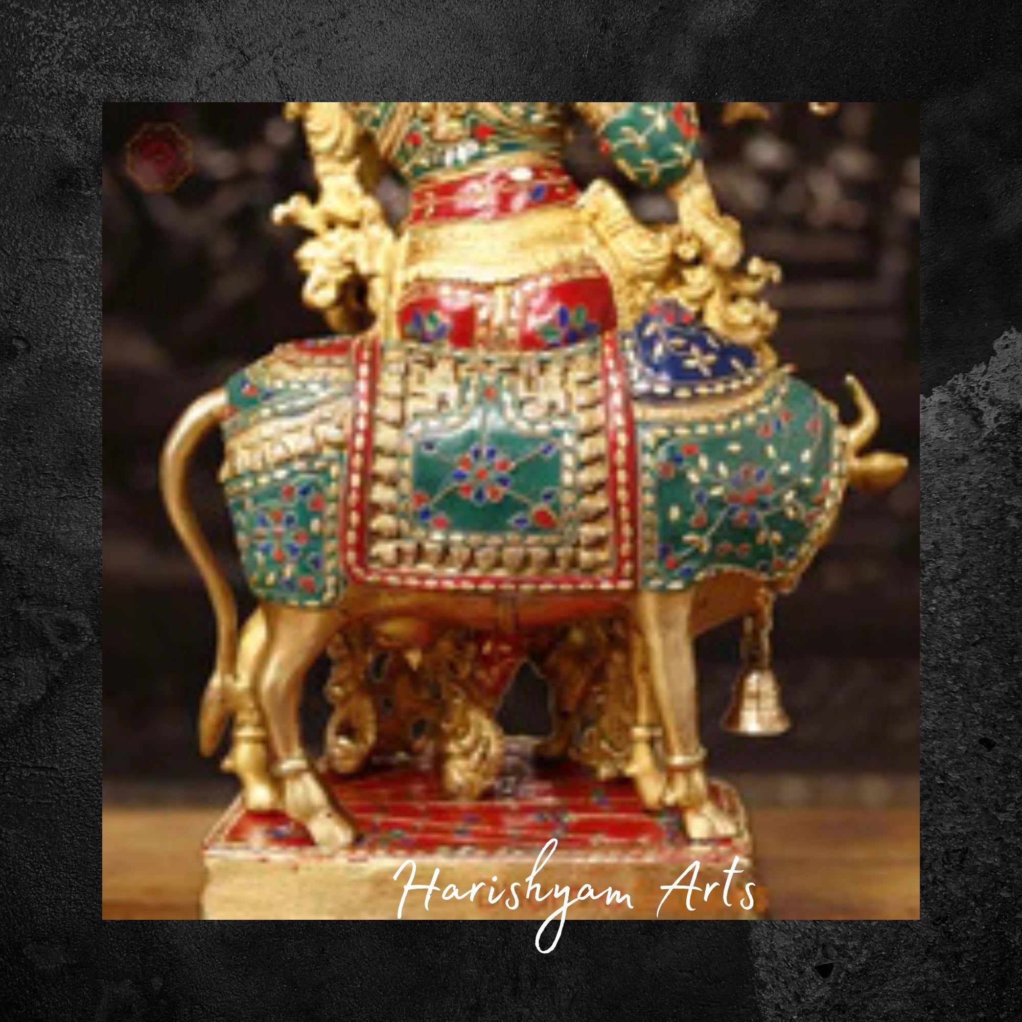 26" Golden Brass Krishna Idol with Cow Playing the Flute with Stone Accents