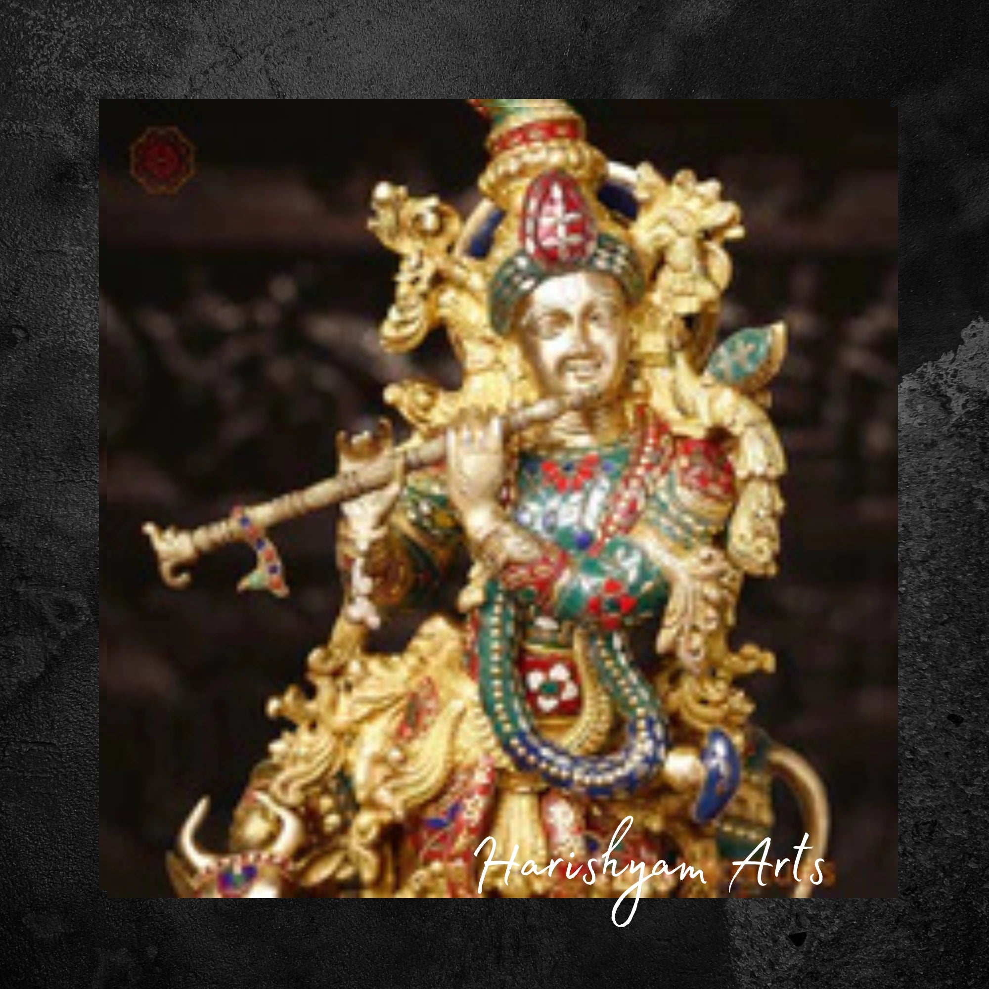 26" Golden Brass Krishna Idol with Cow Playing the Flute with Stone Accents