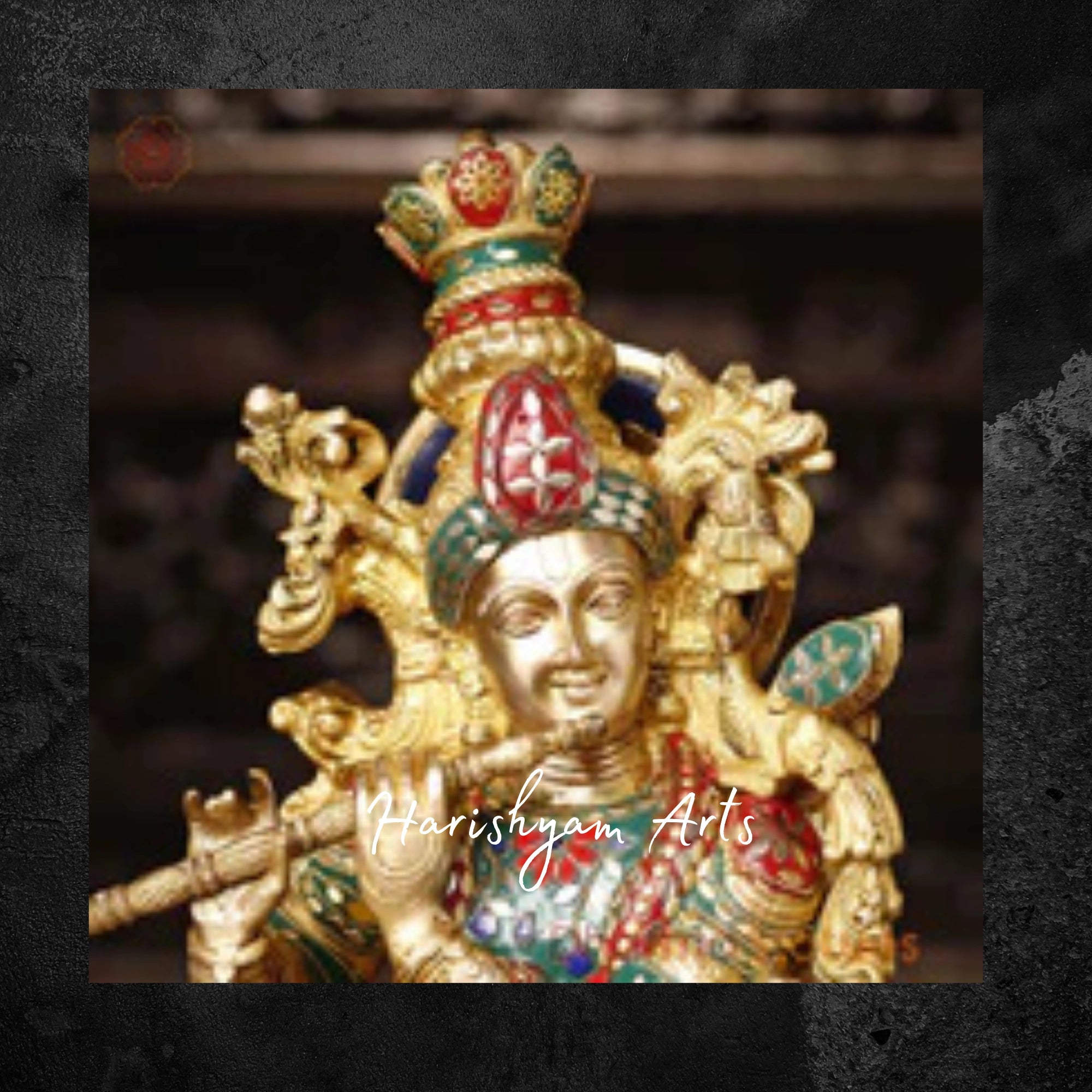 26" Golden Brass Krishna Idol with Cow Playing the Flute with Stone Accents