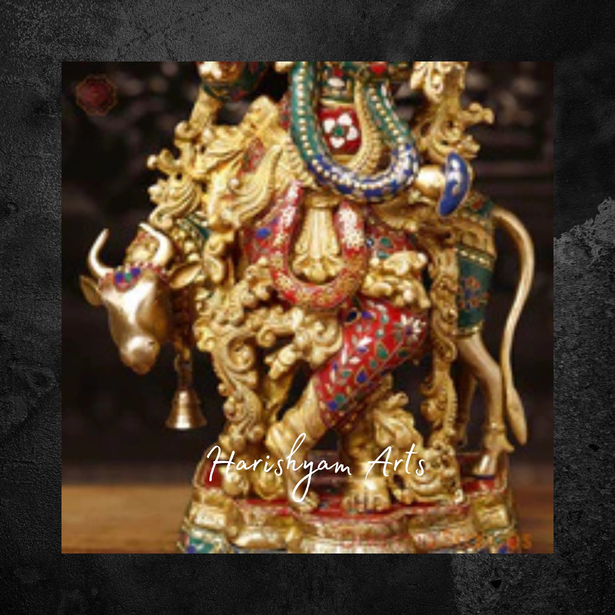 26" Golden Brass Krishna Idol with Cow Playing the Flute with Stone Accents