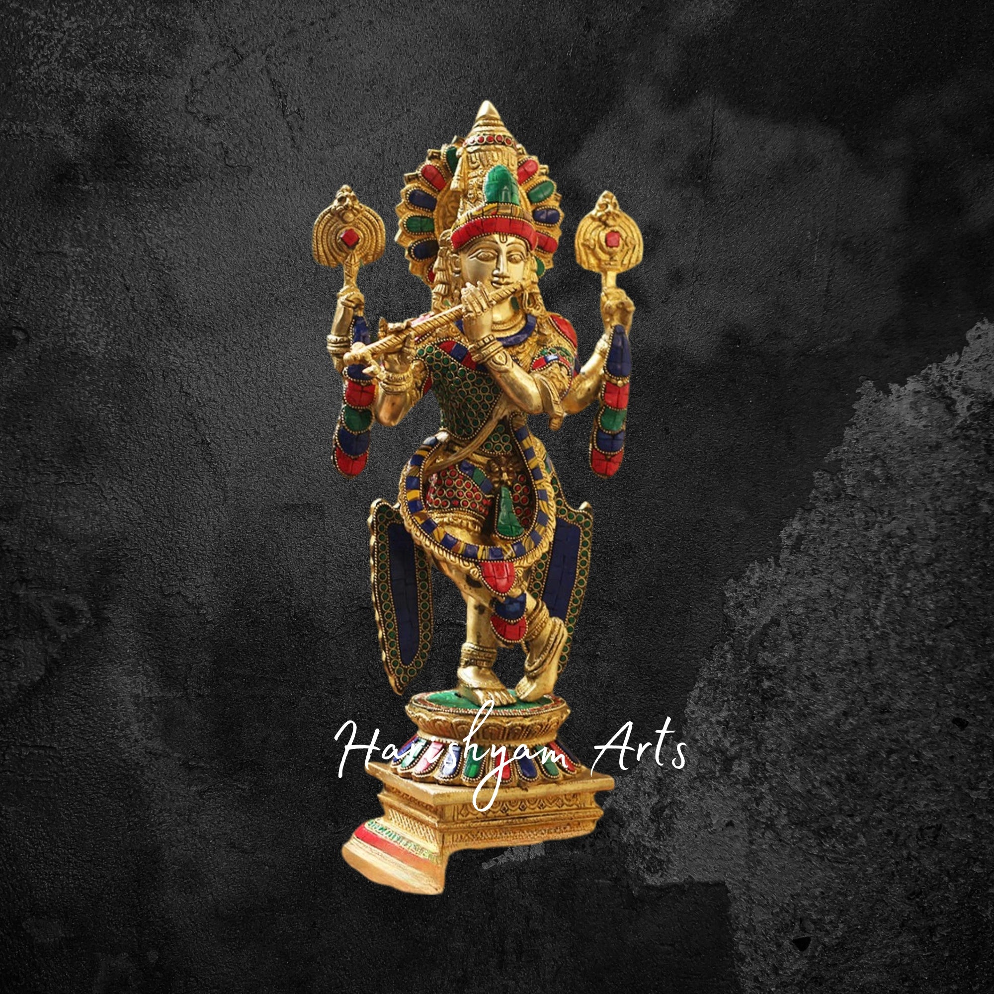 26" Golden Brass Krishna Idol with Cow Playing the Flute with Stone Accents