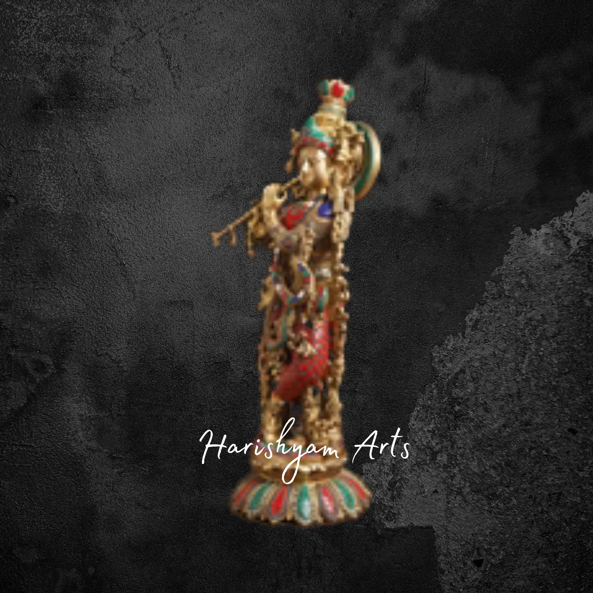 26" Golden Brass Lord Krishna Statue with Elegant Stone Inlay