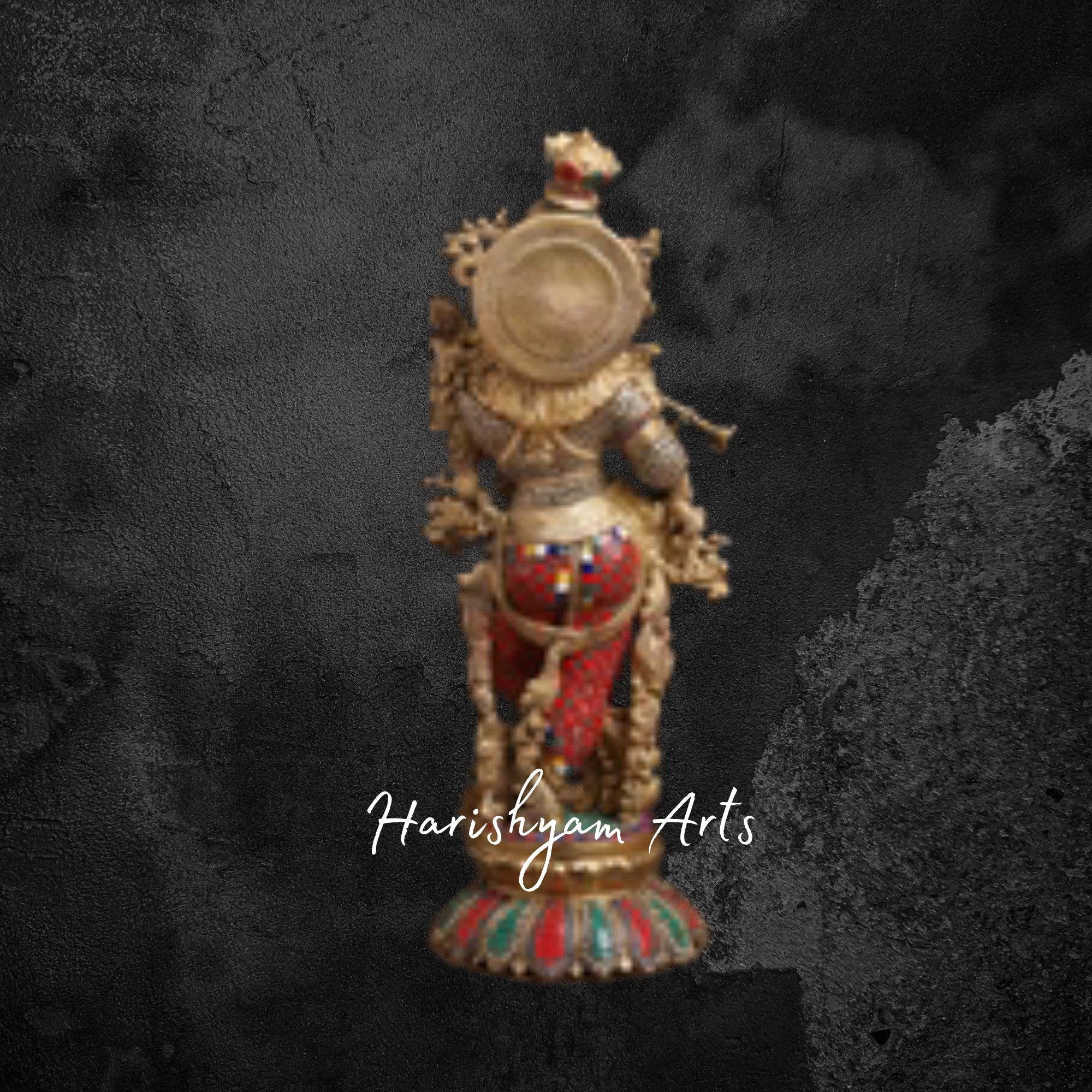 26" Golden Brass Lord Krishna Statue with Elegant Stone Inlay