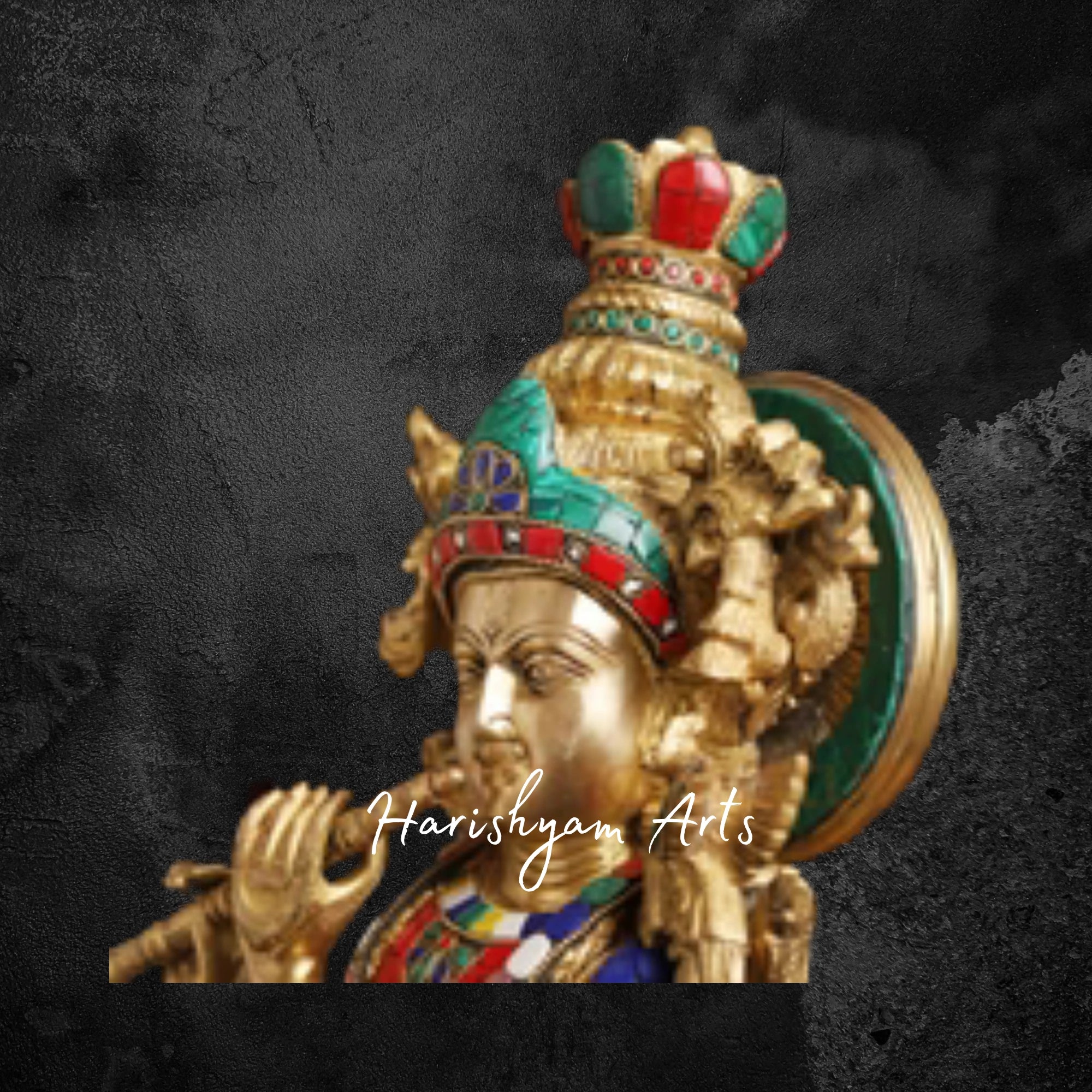 26" Golden Brass Lord Krishna Statue with Elegant Stone Inlay