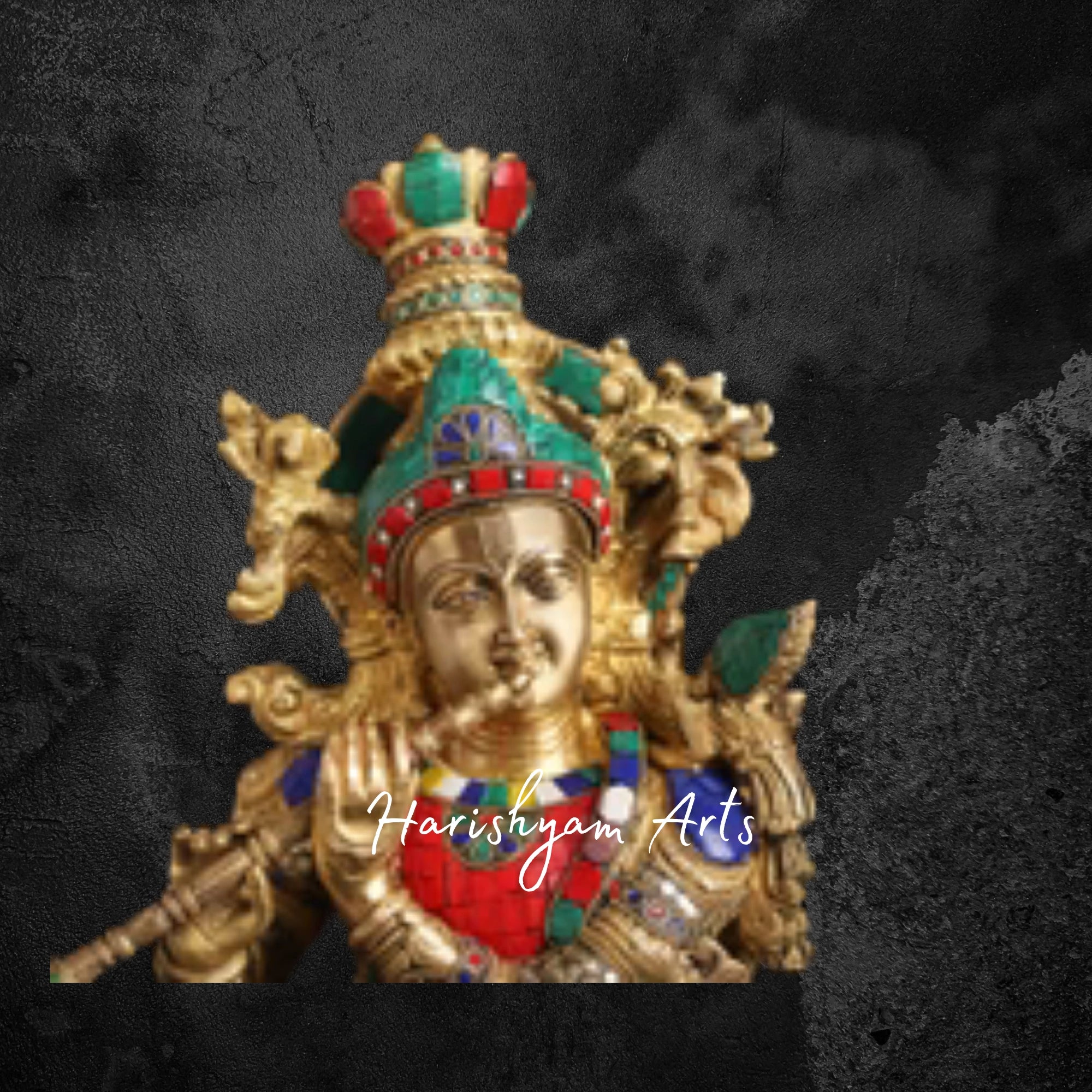 26" Golden Brass Lord Krishna Statue with Elegant Stone Inlay