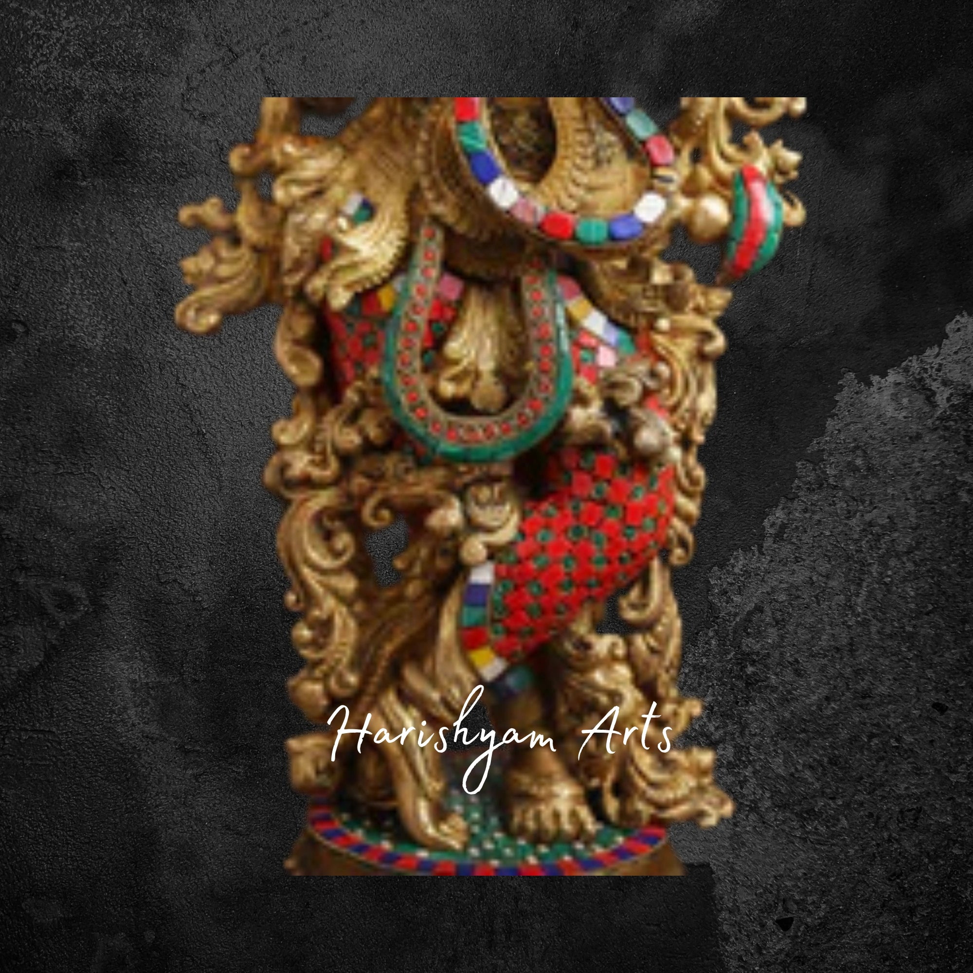 26" Golden Brass Lord Krishna Statue with Elegant Stone Inlay