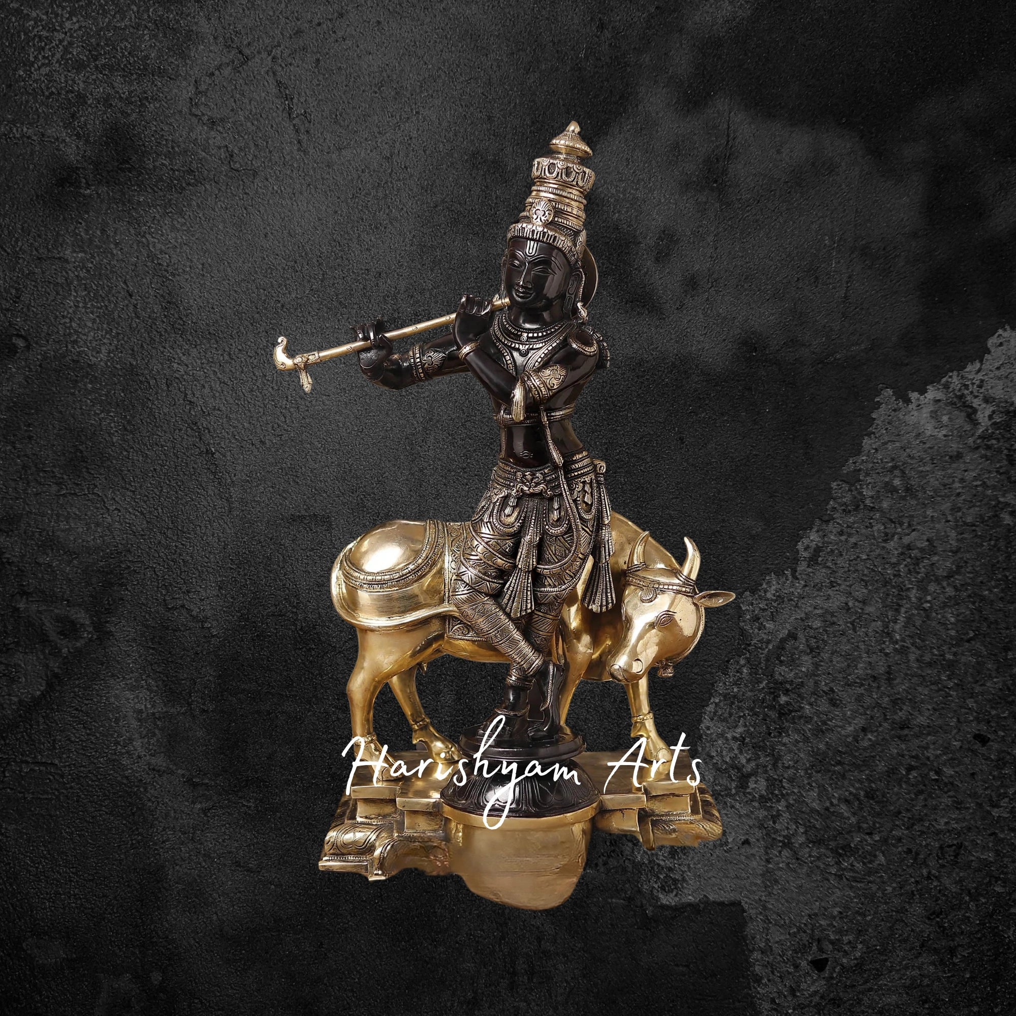26" Handcrafted Brass Krishna Idol with Cow and Flute, Black & Gold Patina