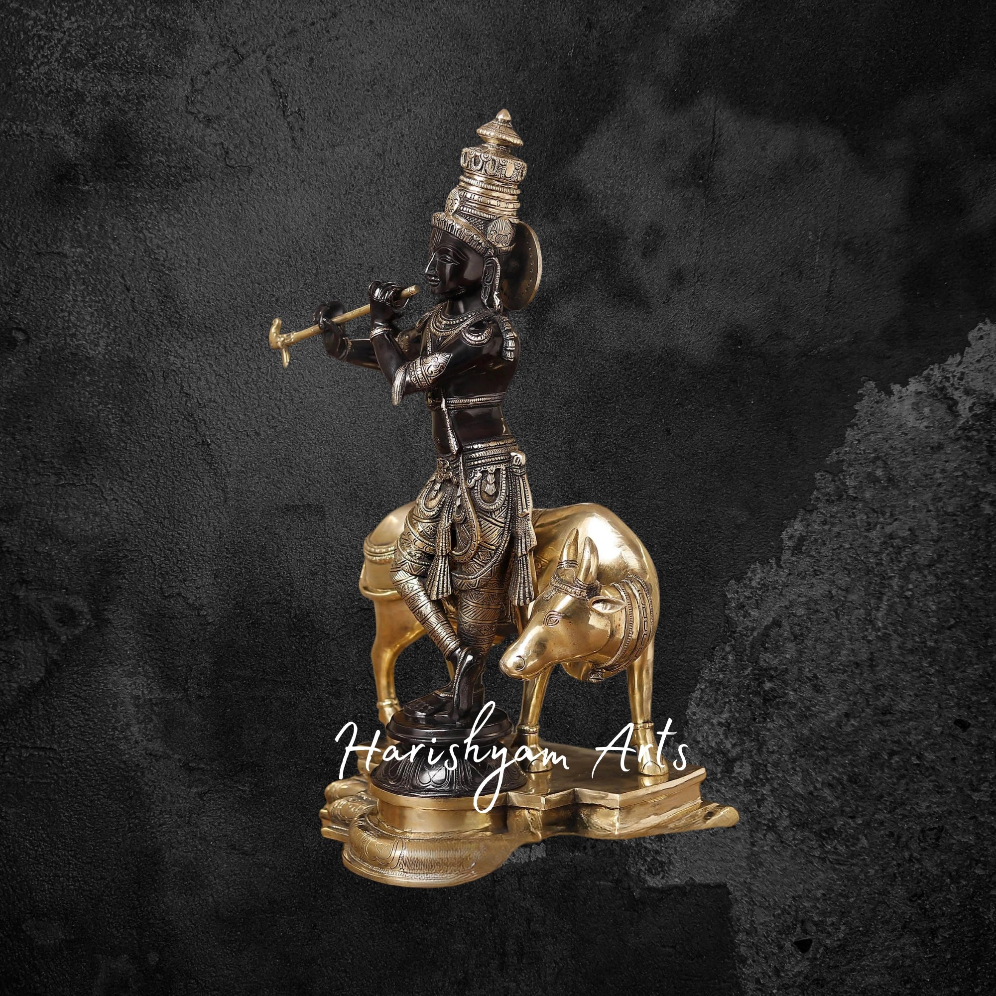 26" Handcrafted Brass Krishna Idol with Cow and Flute, Black & Gold Patina
