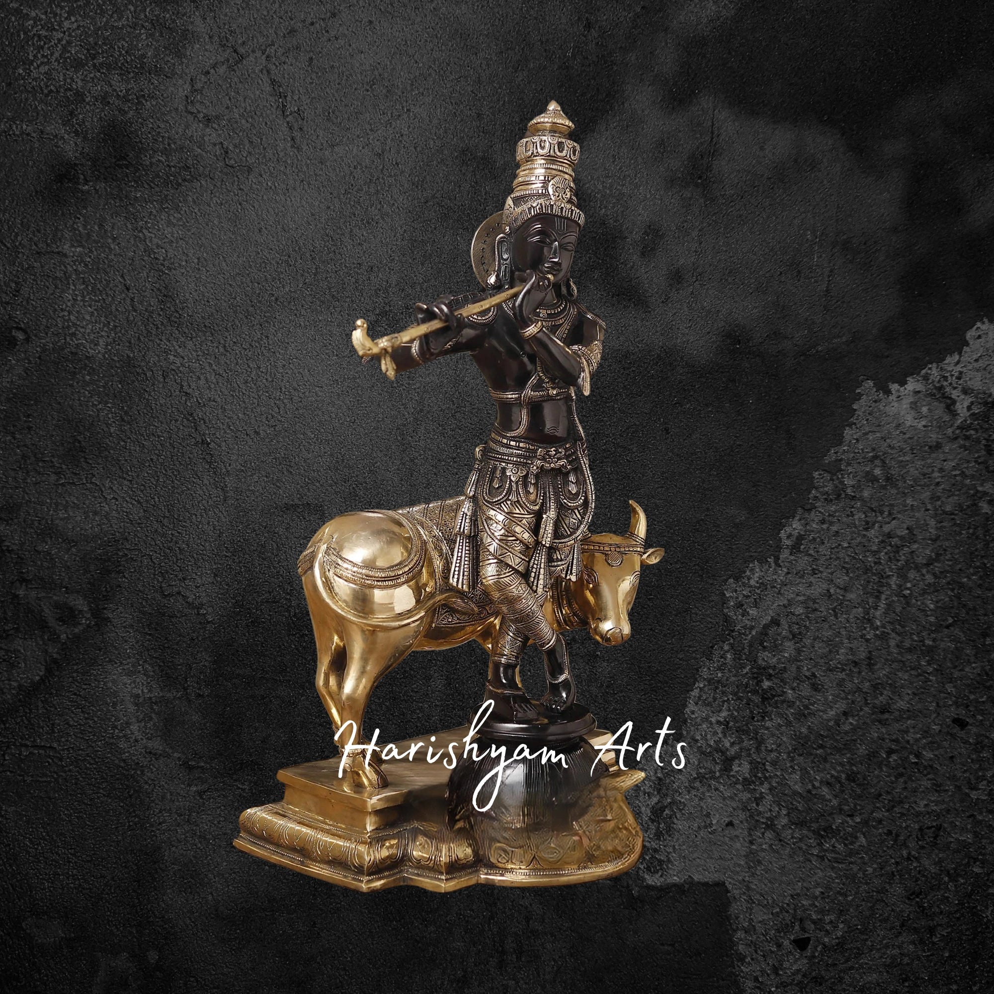 26" Handcrafted Brass Krishna Idol with Cow and Flute, Black & Gold Patina