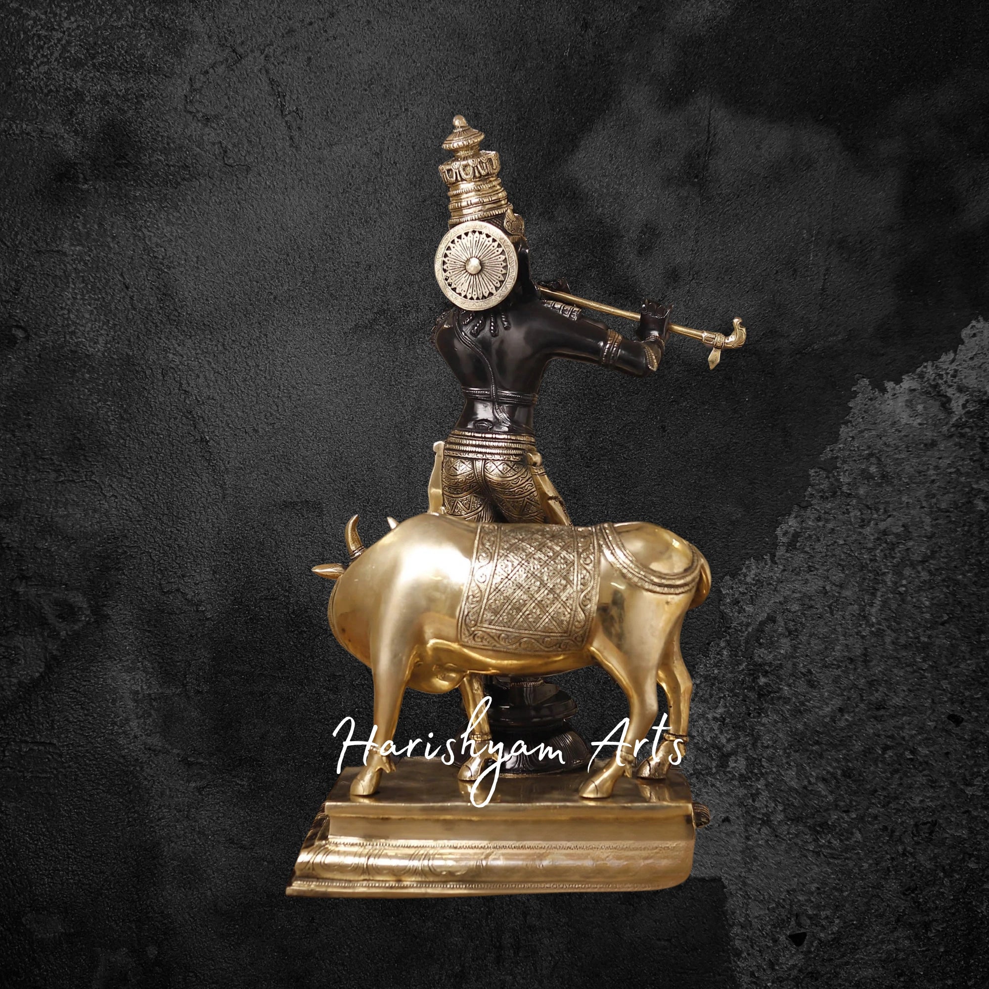 26" Handcrafted Brass Krishna Idol with Cow and Flute, Black & Gold Patina