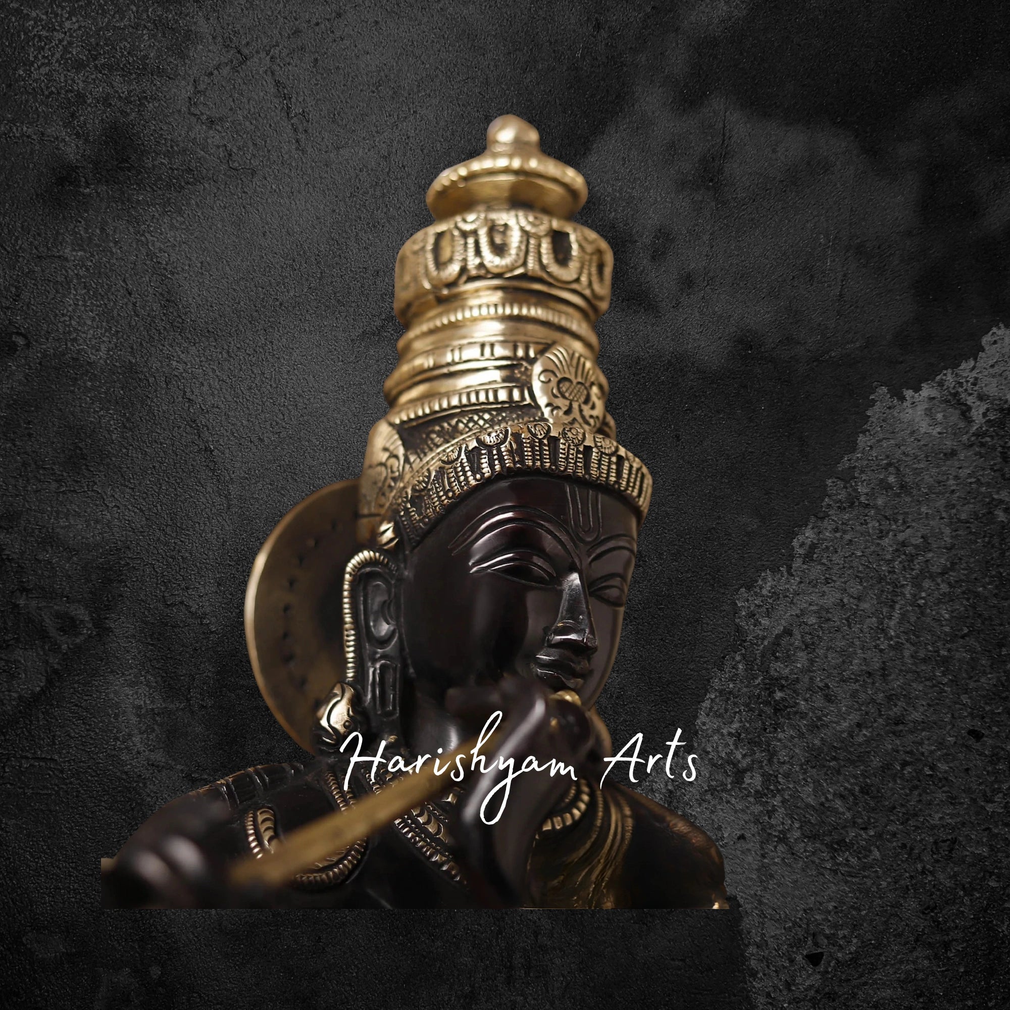 26" Handcrafted Brass Krishna Idol with Cow and Flute, Black & Gold Patina