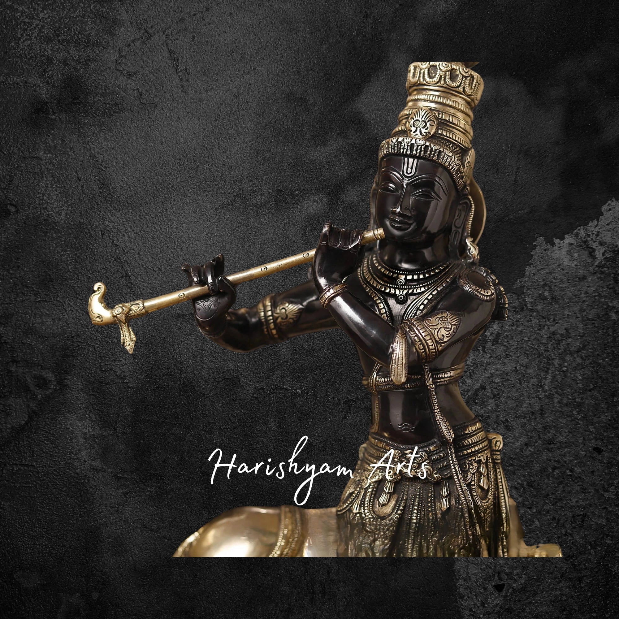 26" Handcrafted Brass Krishna Idol with Cow and Flute, Black & Gold Patina
