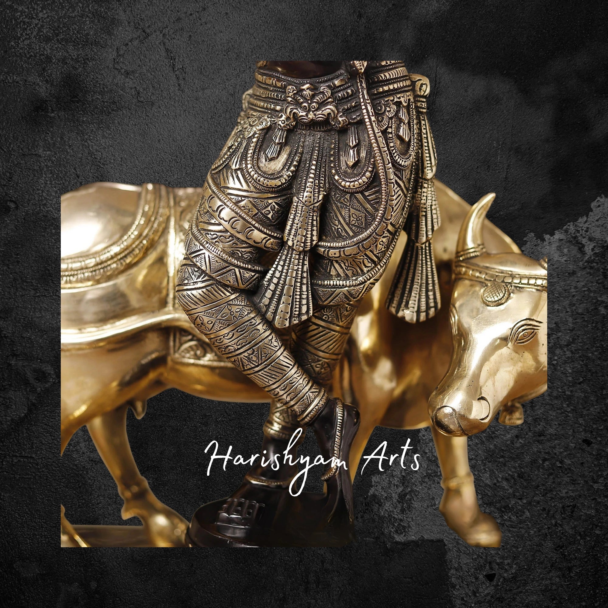 26" Handcrafted Brass Krishna Idol with Cow and Flute, Black & Gold Patina