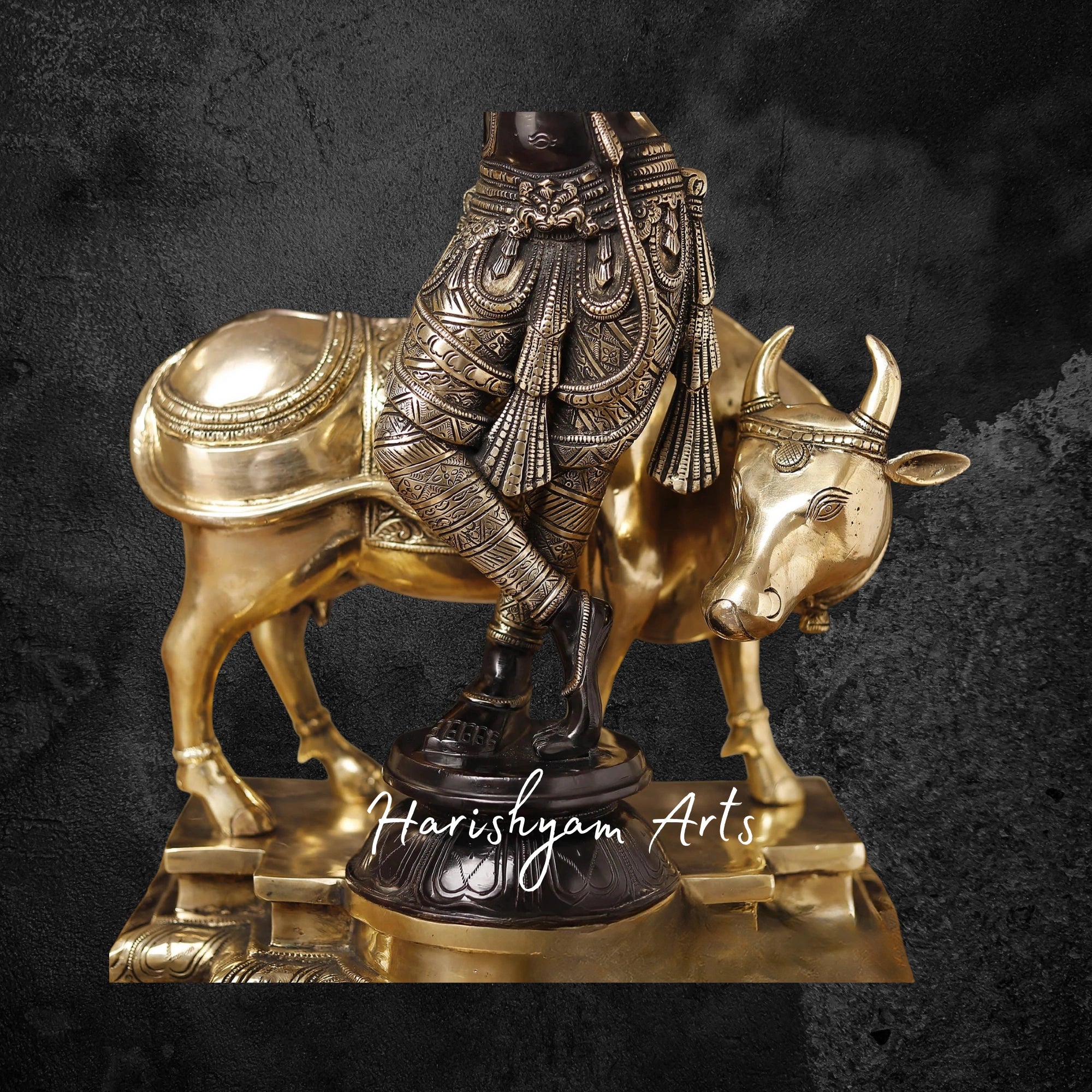 26" Handcrafted Brass Krishna Idol with Cow and Flute, Black & Gold Patina