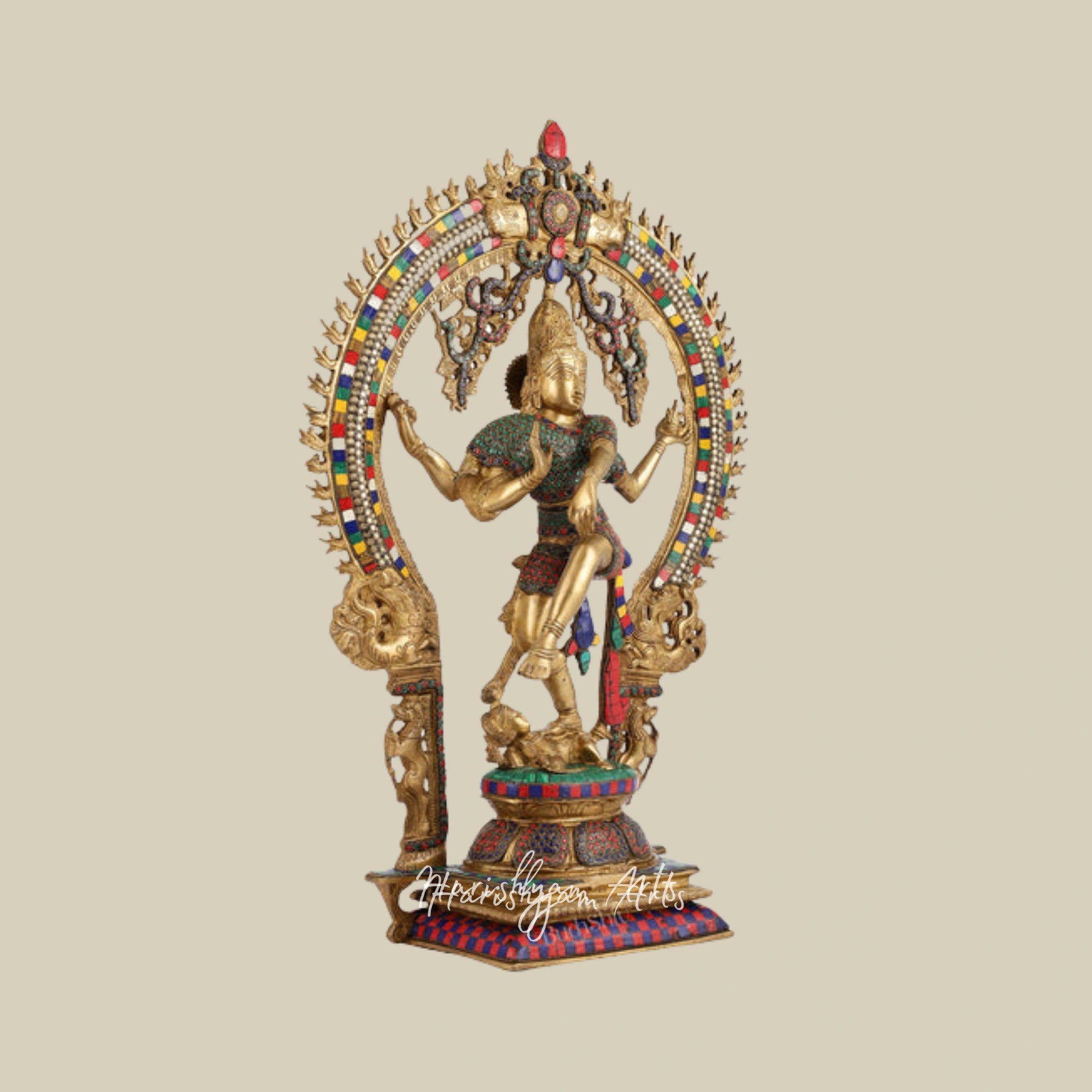 26" Handcrafted Brass Nataraja Statue Adorned with Natural Stone Inlays