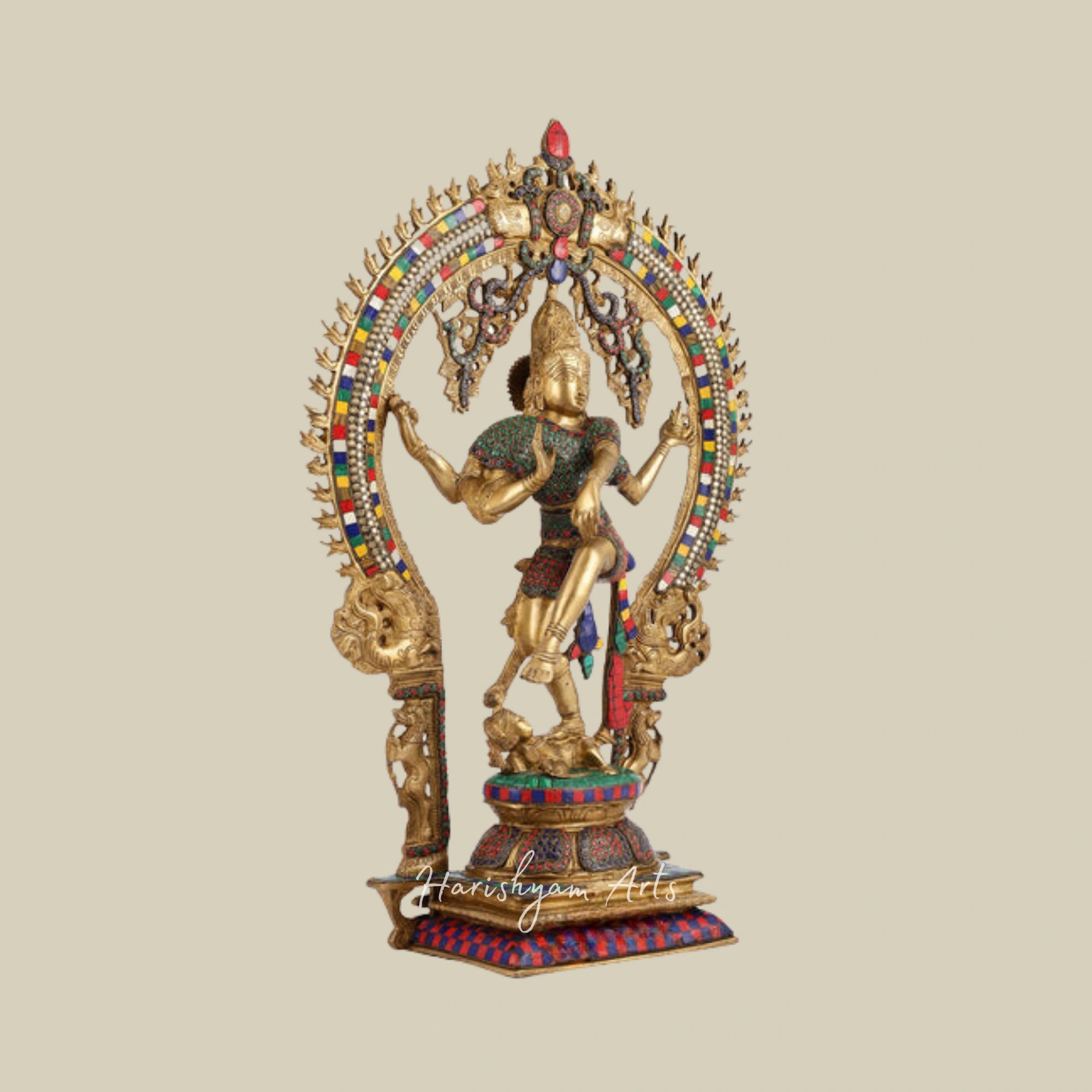 26" Handcrafted Brass Nataraja Statue Adorned with Natural Stone Inlays