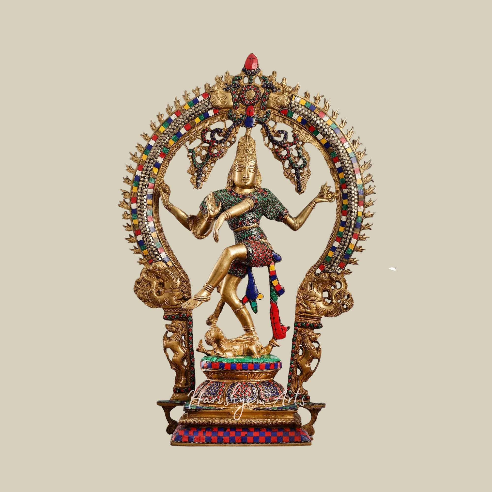 26" Handcrafted Brass Nataraja Statue Adorned with Natural Stone Inlays