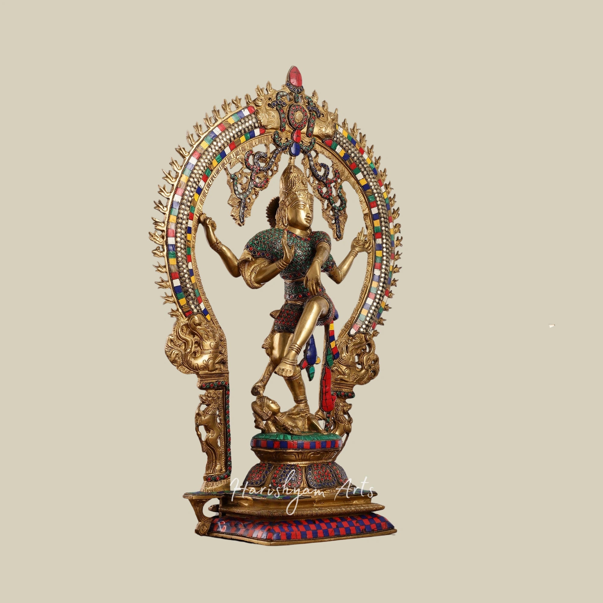 26" Handcrafted Brass Nataraja Statue Adorned with Natural Stone Inlays