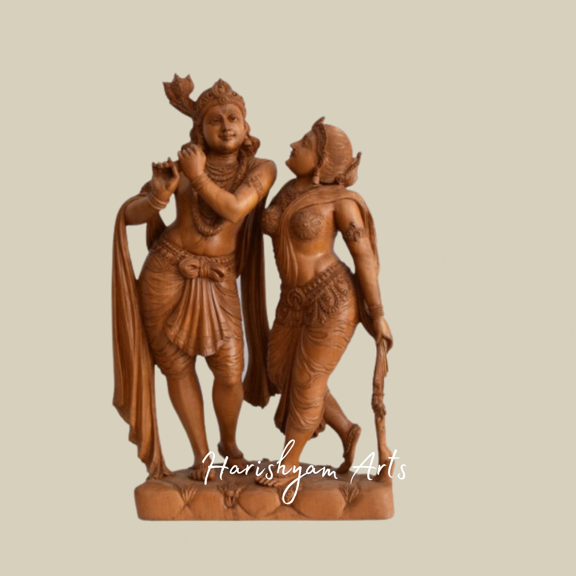 26" Handcrafted Teak Wood Radha Krishna Statue with Fine Detailing
