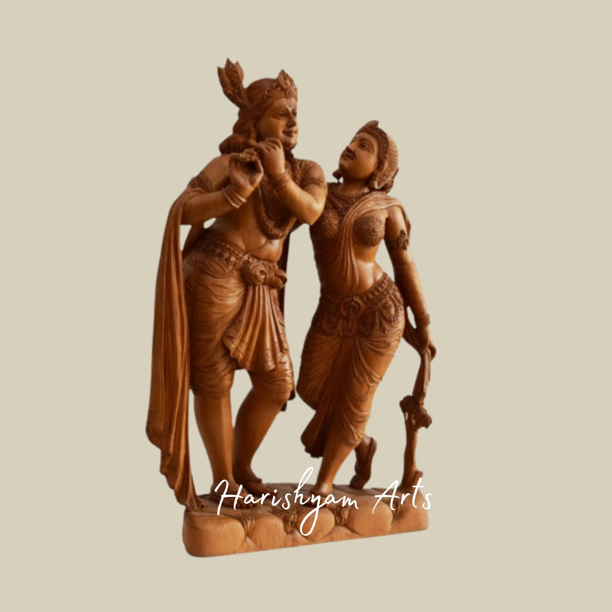 26" Handcrafted Teak Wood Radha Krishna Statue with Fine Detailing