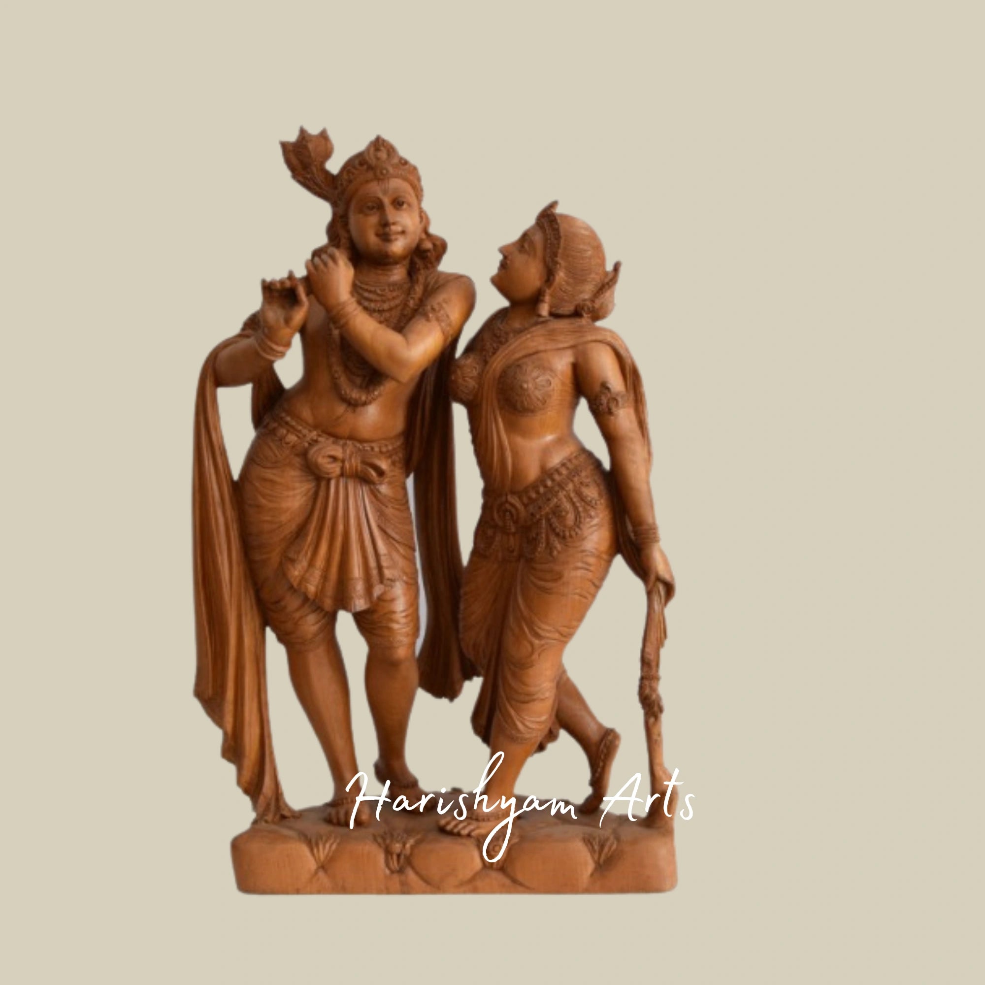26" Handcrafted Teak Wood Radha Krishna Statue with Fine Detailing