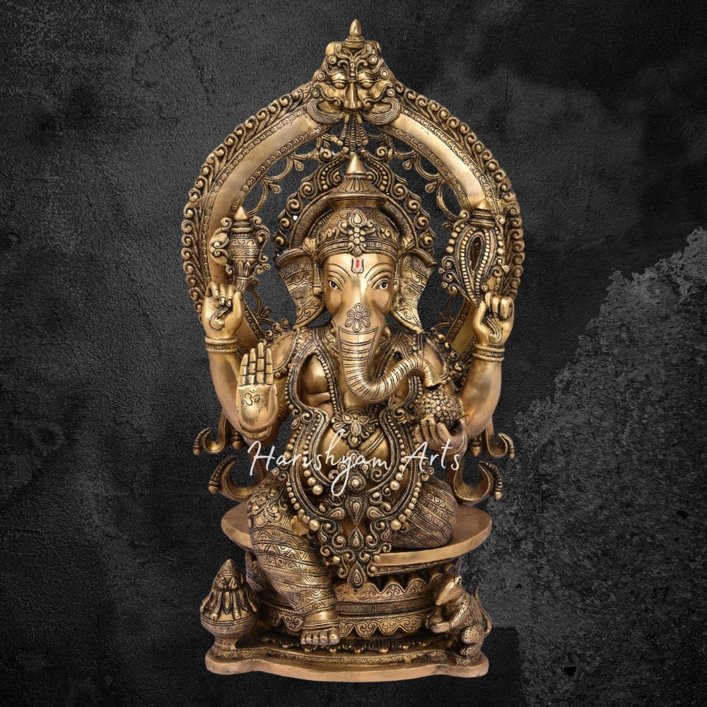 27" Brass Ganesh Statue Sitting On Singhasan